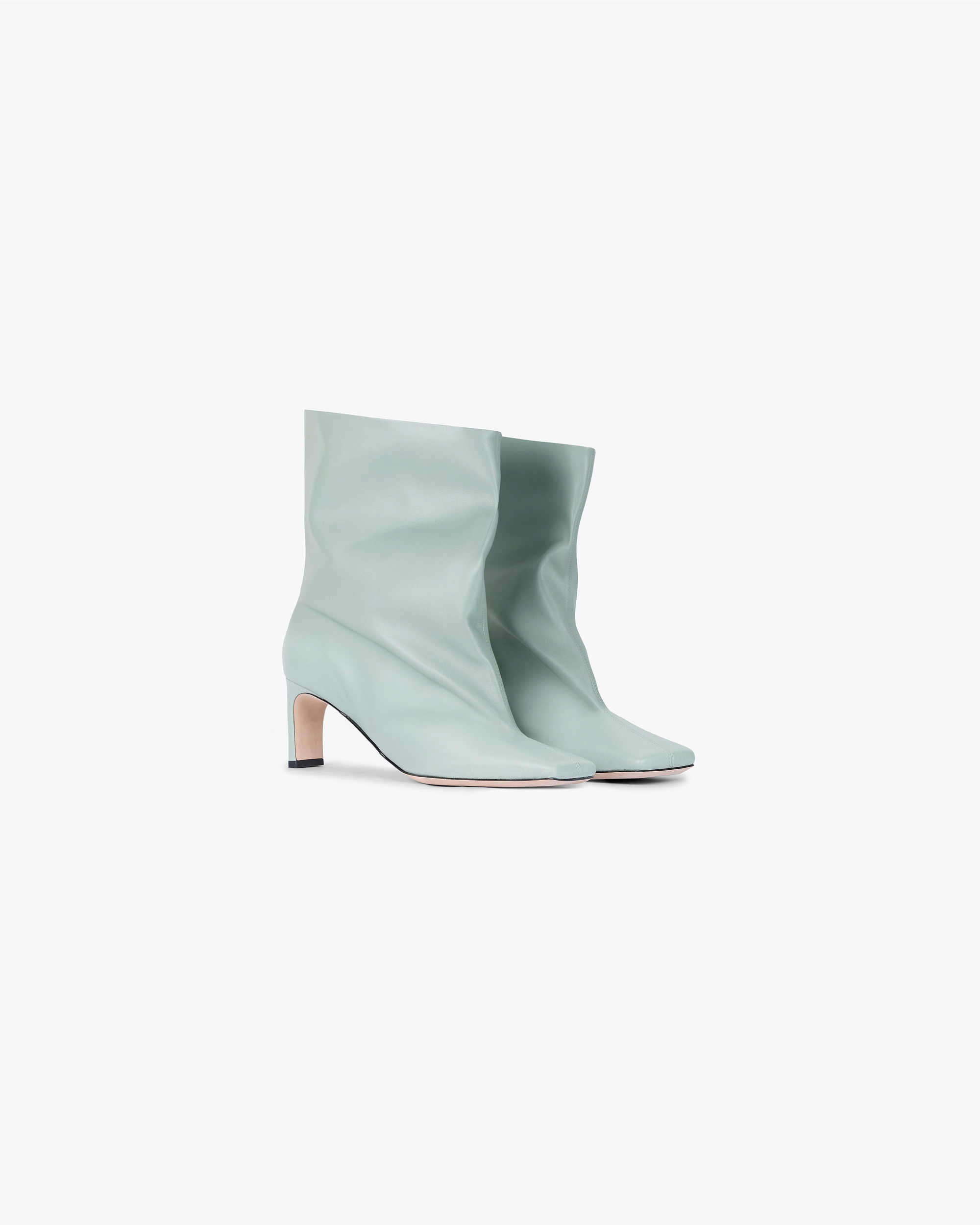 Back product image of a womens green ankle boot on a plain white background | Square Toe Ankle Boot in Basil | Mid calf height with square toe | SS25 Footwear | Represent Clo
