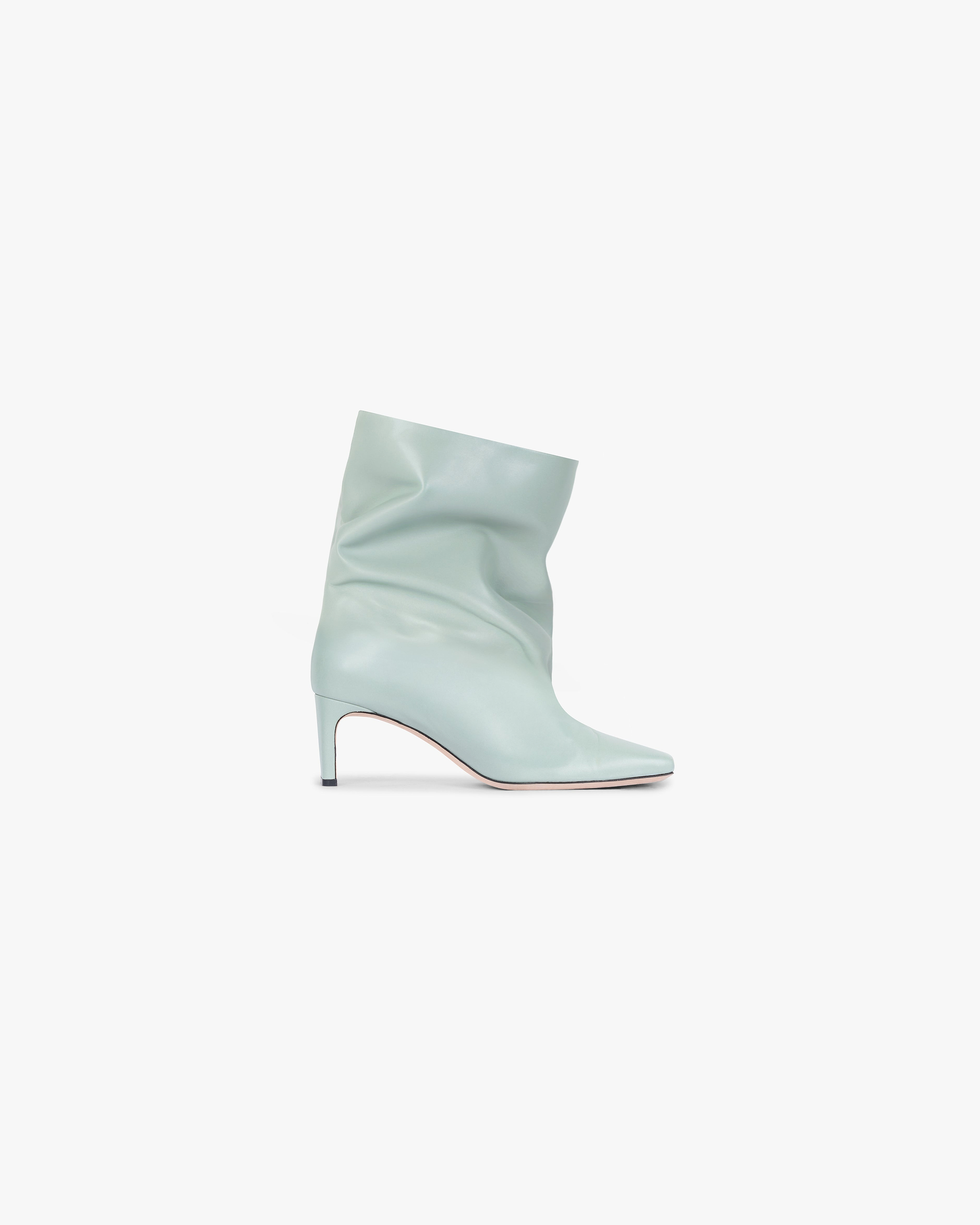 Front product image of a womens green ankle boot on a plain white background | Square Toe Ankle Boot in Basil | Footwear with square toe design | SS25 Footwear | Represent Clo