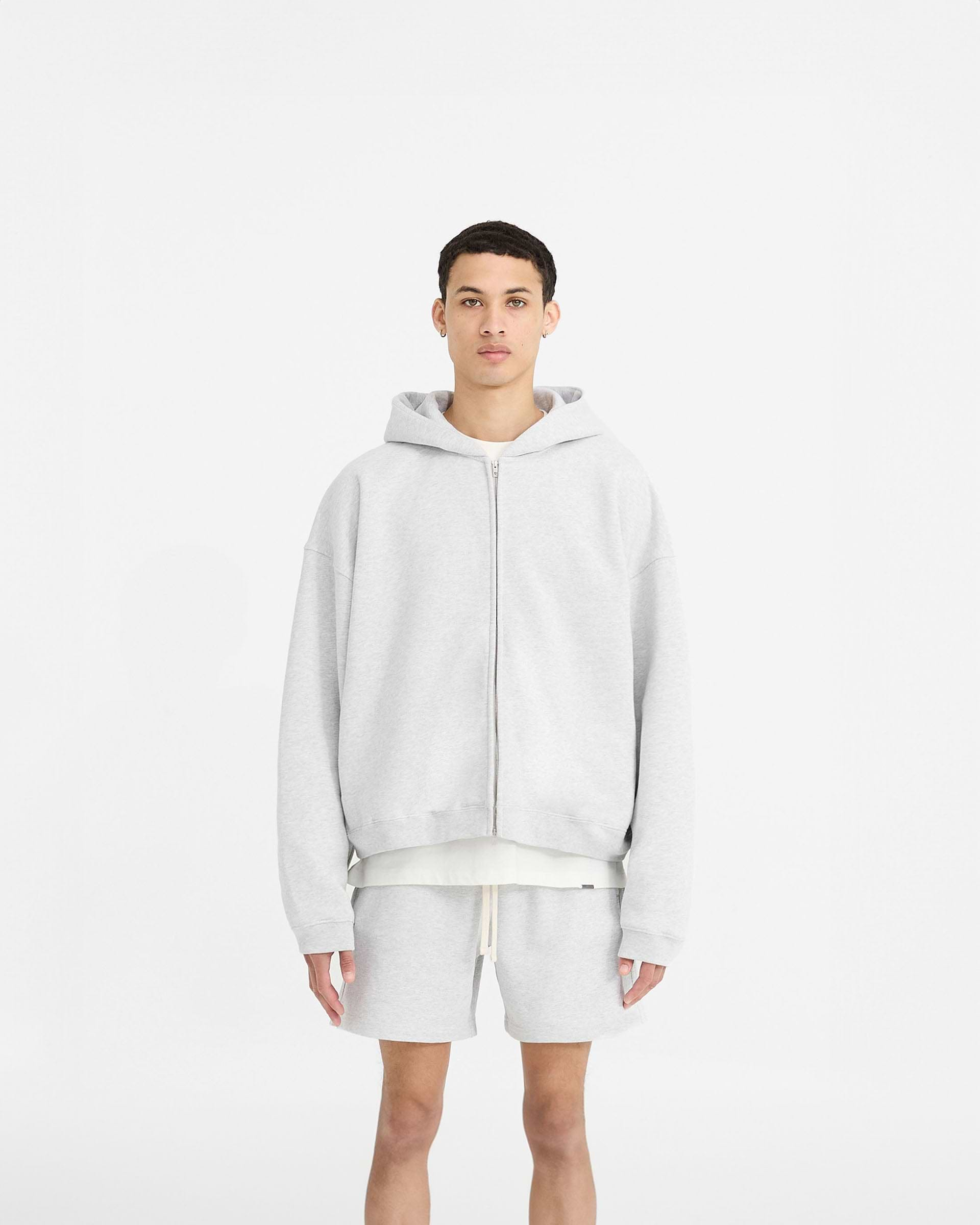 Initial Boxy Zip Through Hoodie - Ice Grey Marl