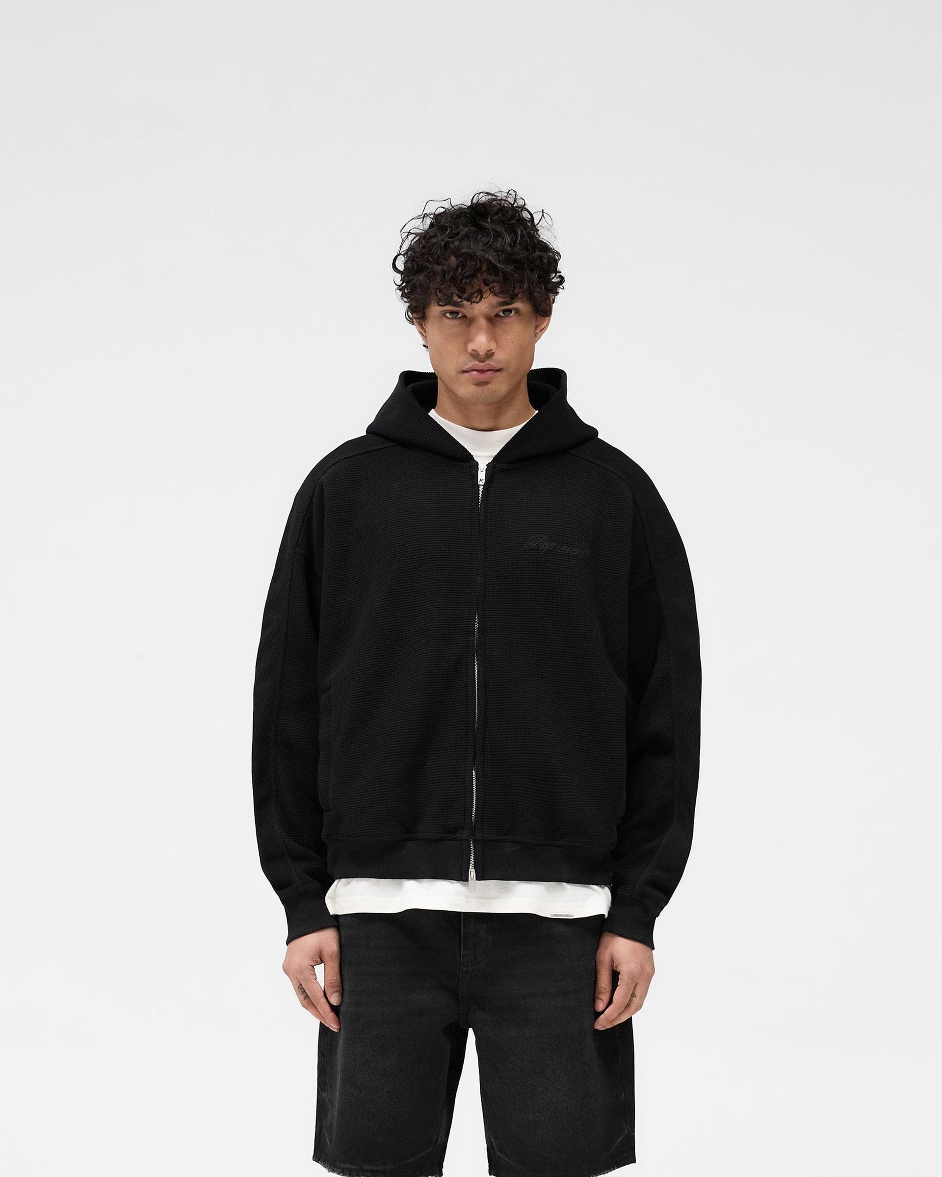 Jet Black Waffle Zip Up Hoodie | Mens Hoodies | REPRESENT