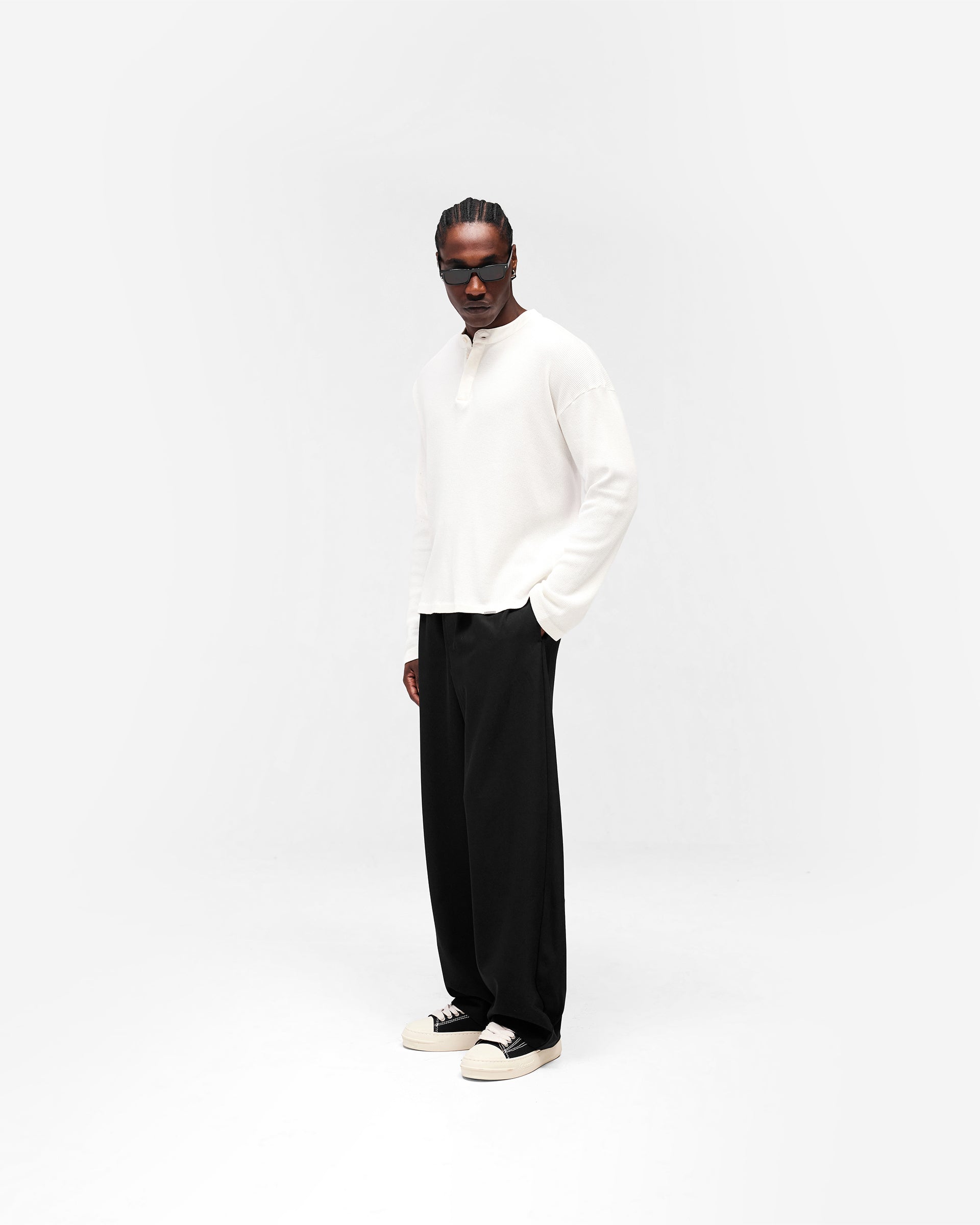 Initial Henley Waffle Long Sleeve T-Shirt - Flat White