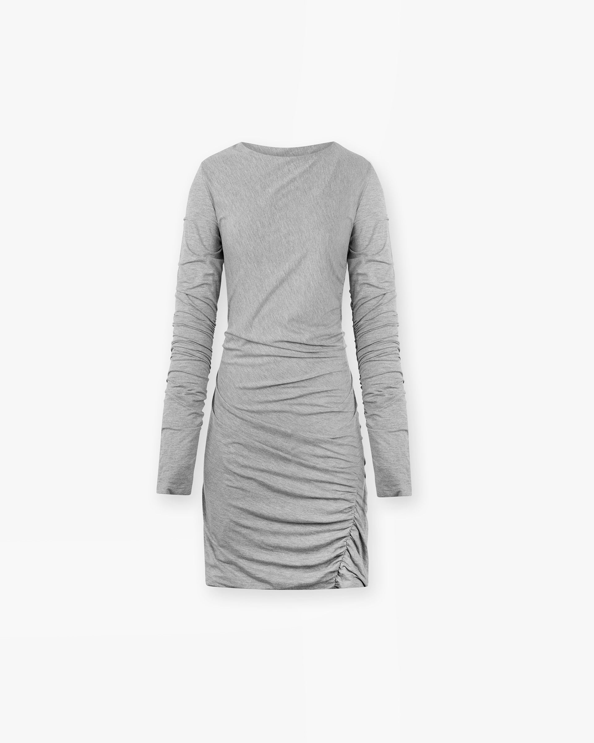 Front product image of a womens grey minidress on a plain white background | Coil Minidress in Grey Marl | Short bodycon dress with side seam closure | Womens SS25 Dresses | Represent Clo