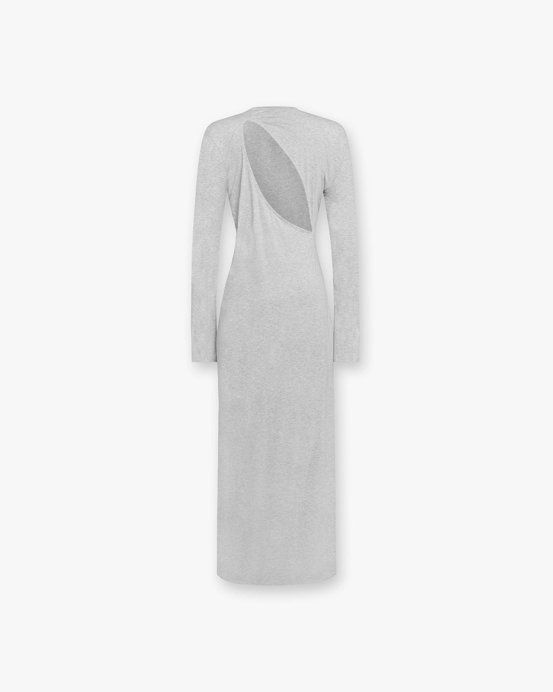Back product image of a womens grey dress on a plain white background | Flow Dress in Grey Marl | Maxi dress with cutout back detail | Womens SS25 Dresses | Represent Clo