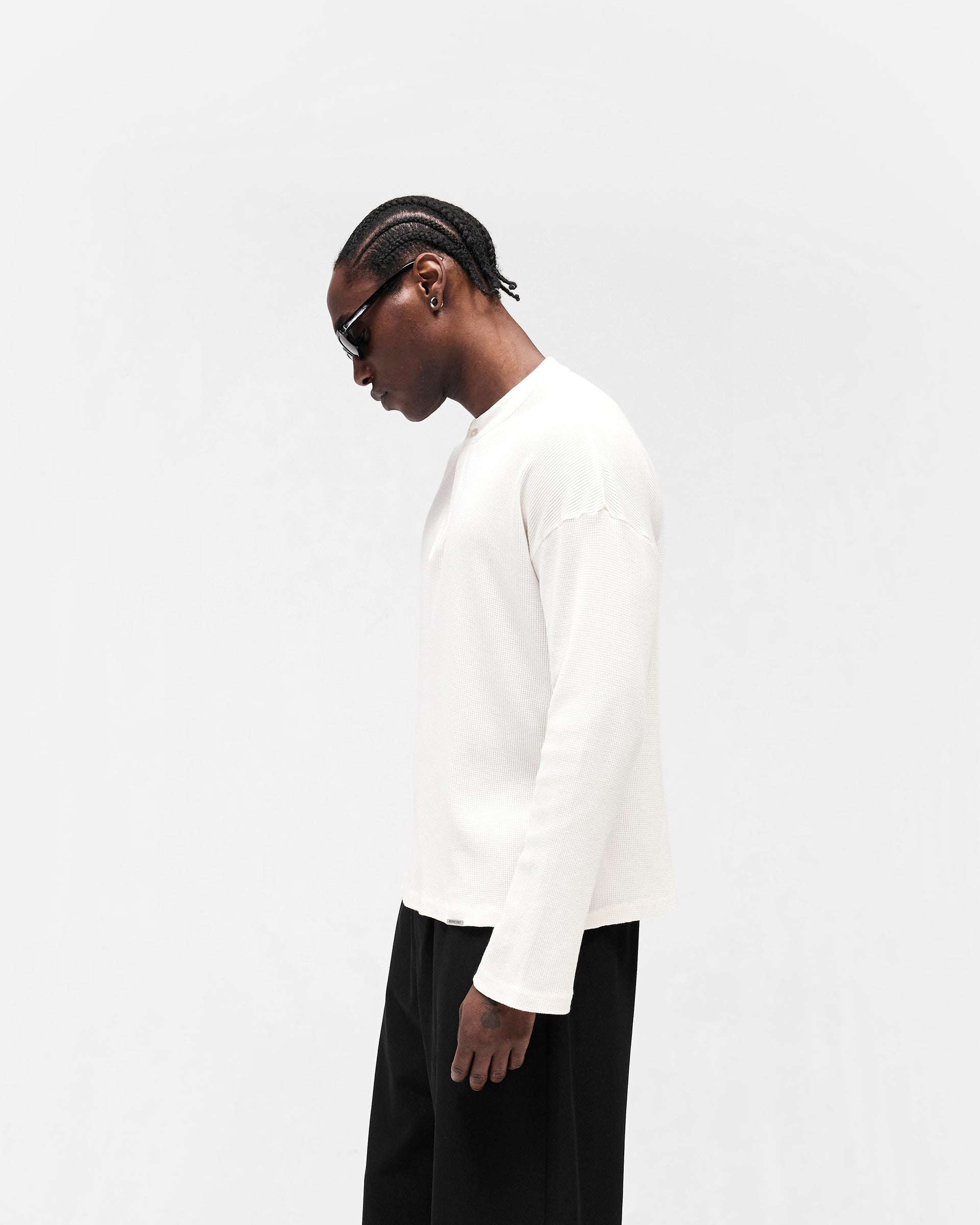 Initial Henley Waffle Long Sleeve T-Shirt Flat White | Mens T