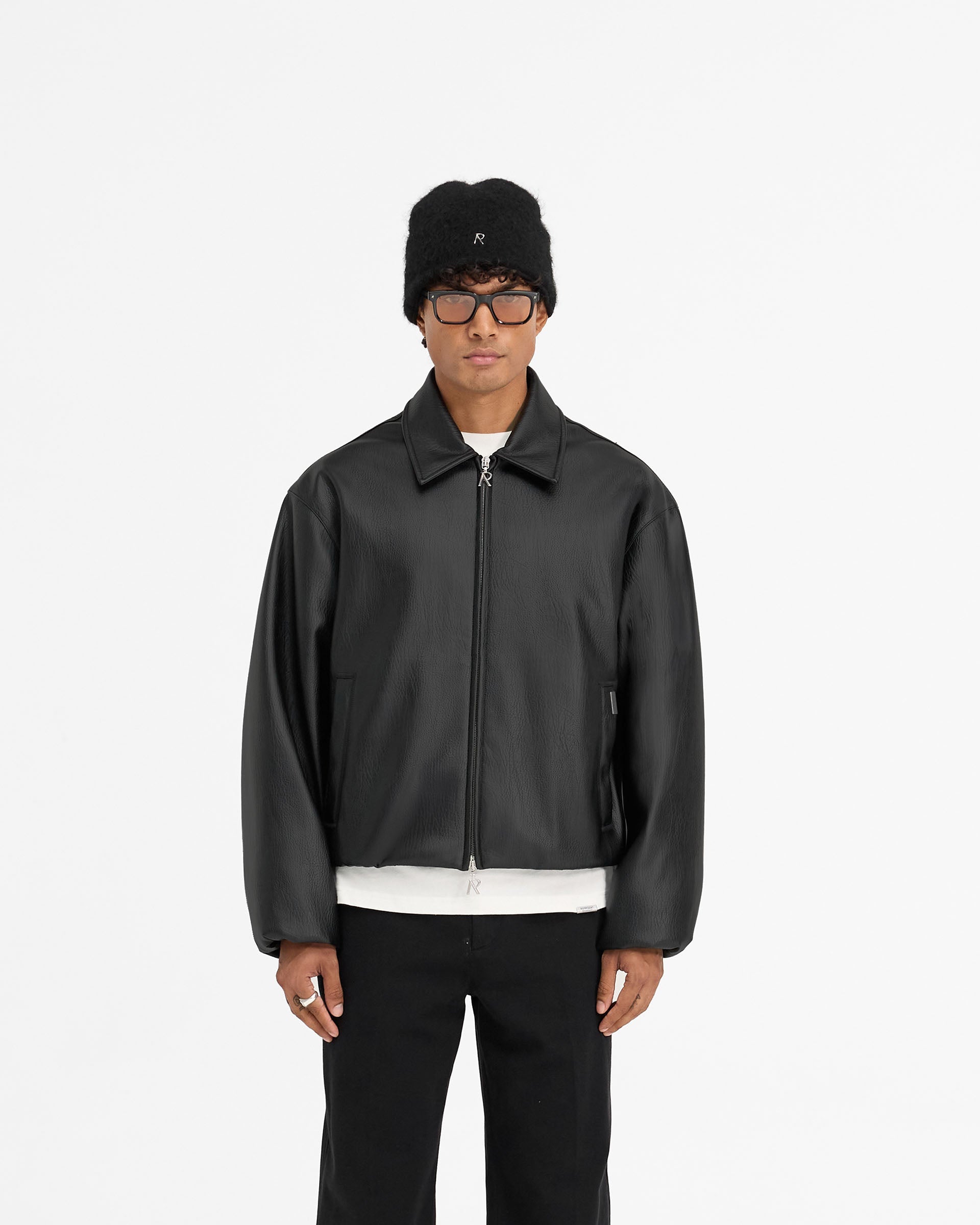 Faux Leather Bomber - Tiefschwarz