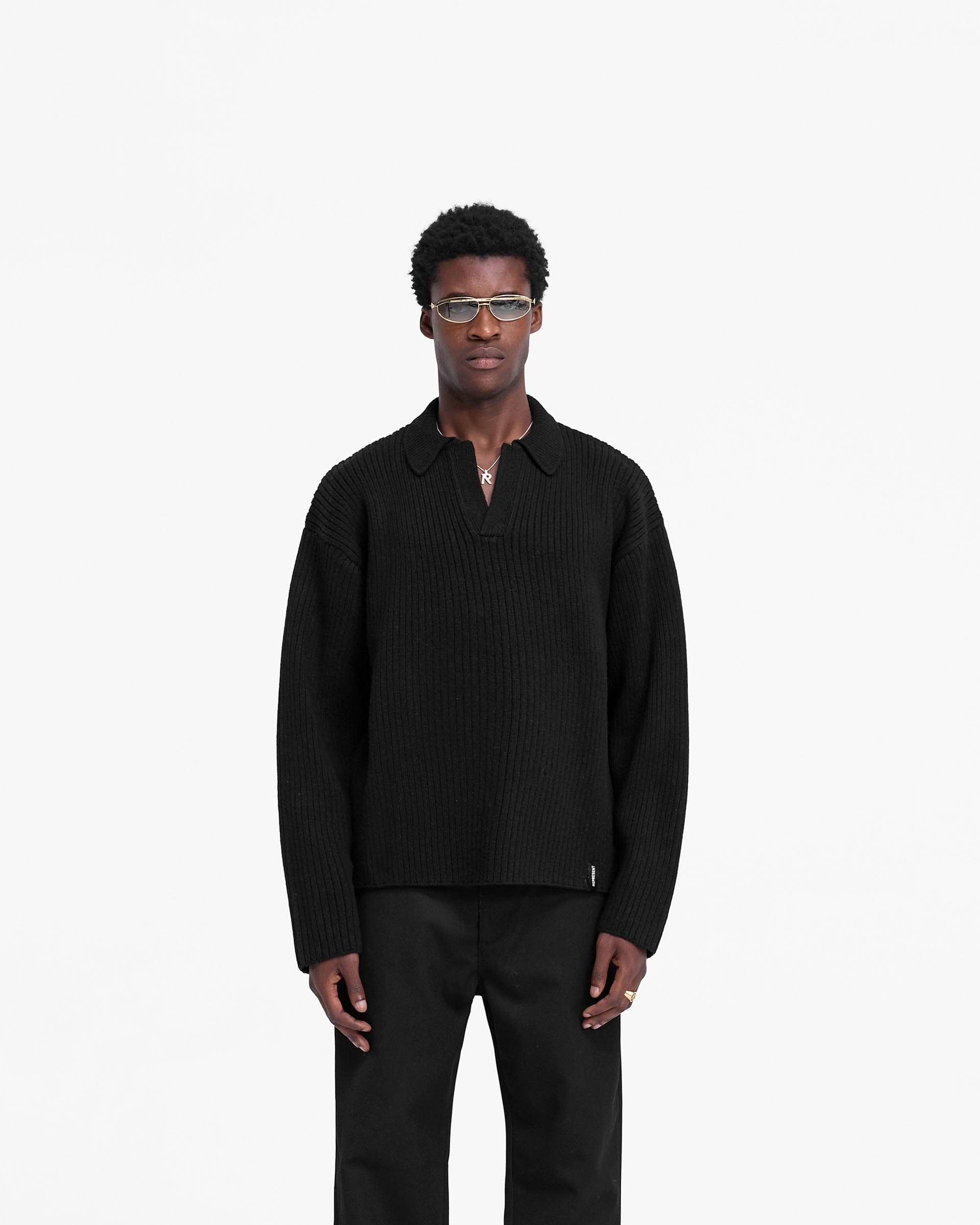 Ribbed Knit Polo - Noir Jet