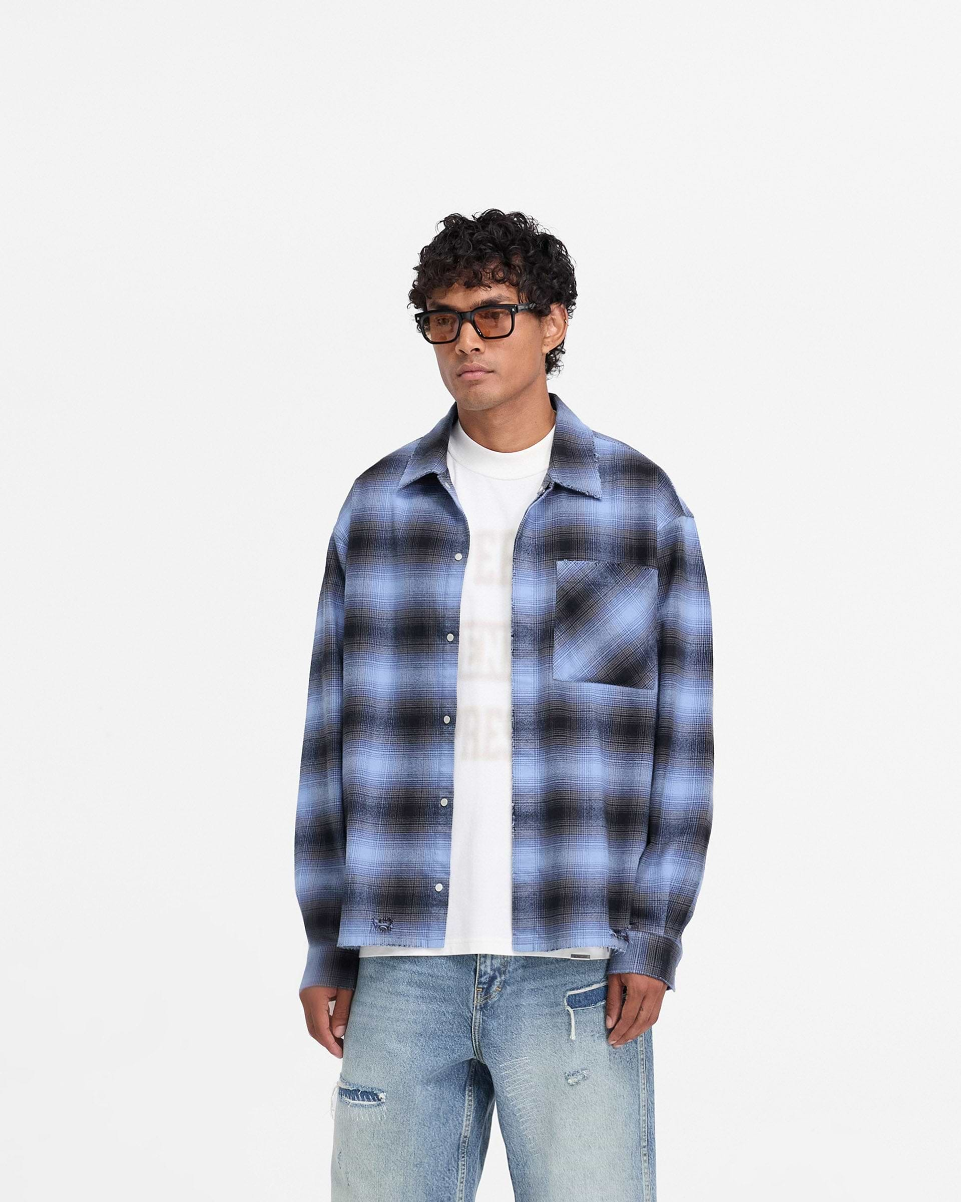 Represent X End Distressed Flannel Shirt - Bleu