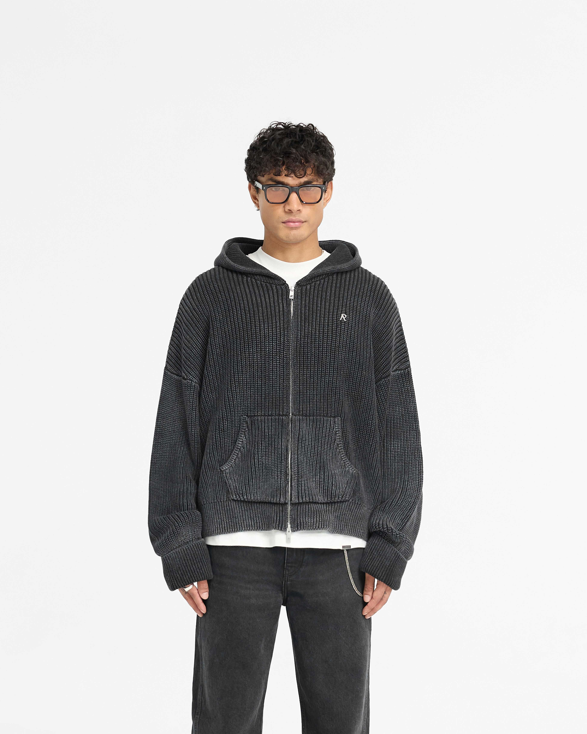 Ribbed Zip Through Hoodie - Jettschwarz