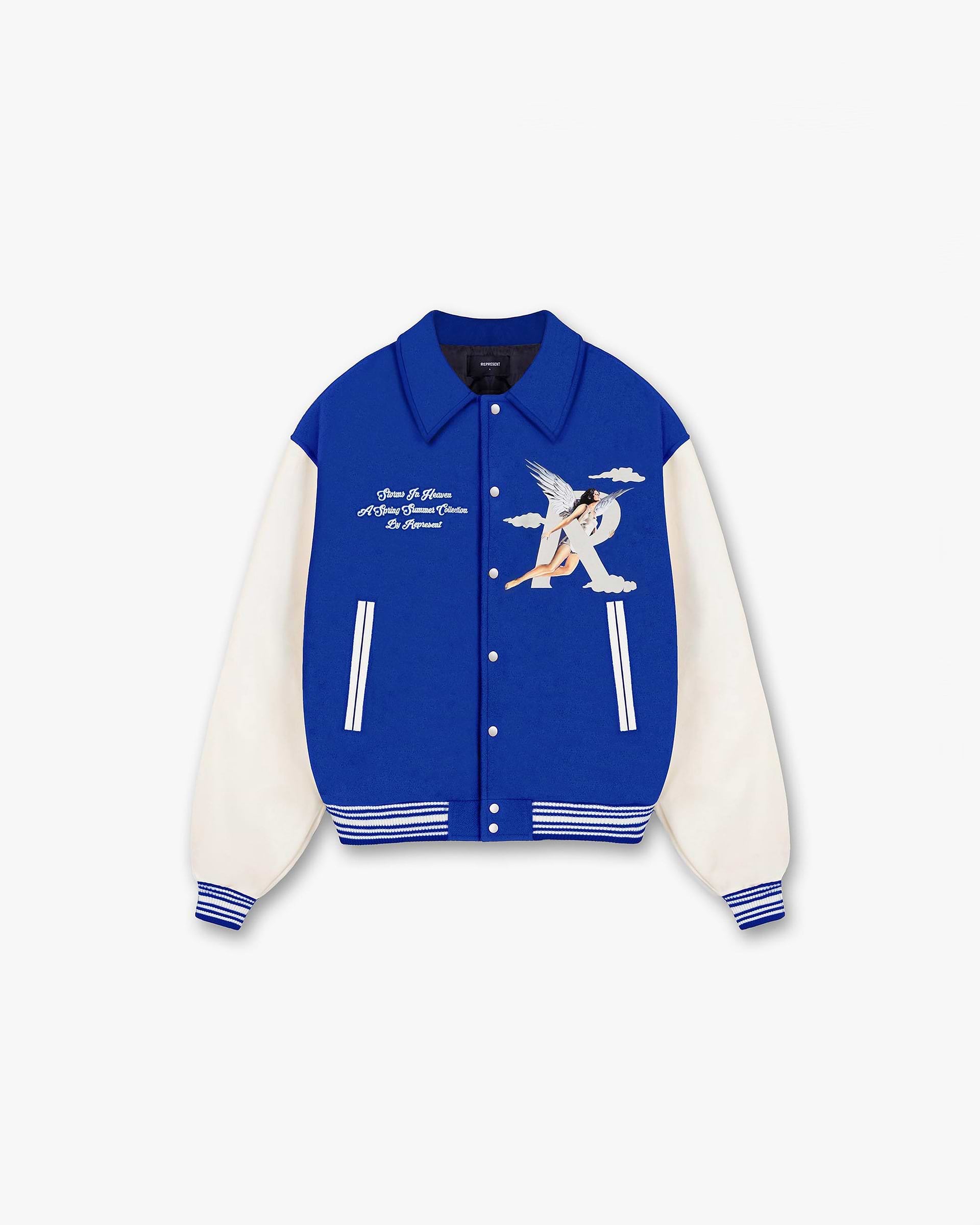 Storms In Heaven Varsity Jacket | Cobalt Outerwear SS23 | Represent Clo