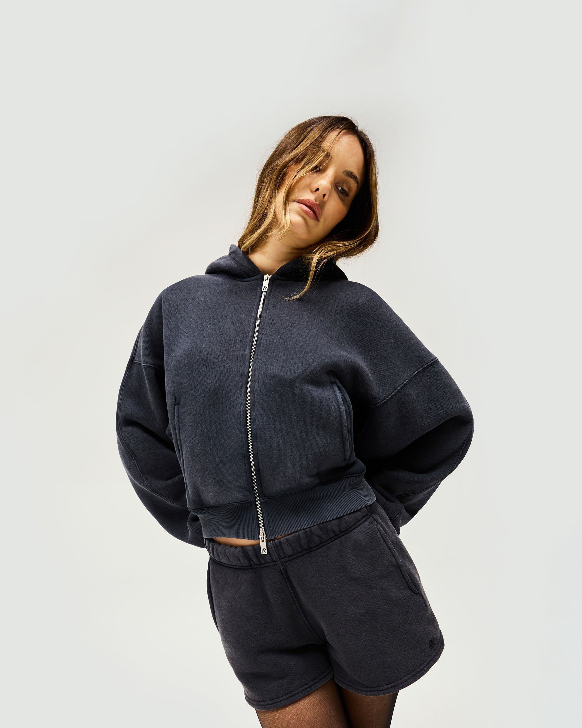 Initial Oversized Crop Hoodie - Washed Black