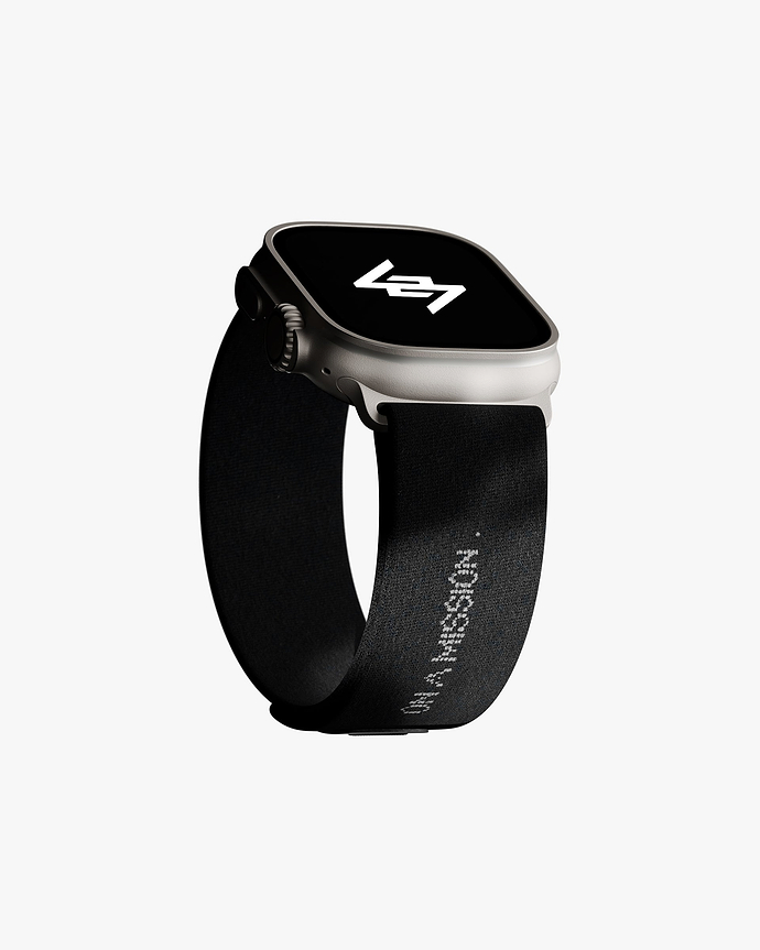 Close-up image of a black watch strap on a plain white background | 247 Apple Watch Strap in Black | Nylon weave strap with velcro fastener | 247 Accessories | Represent Clo