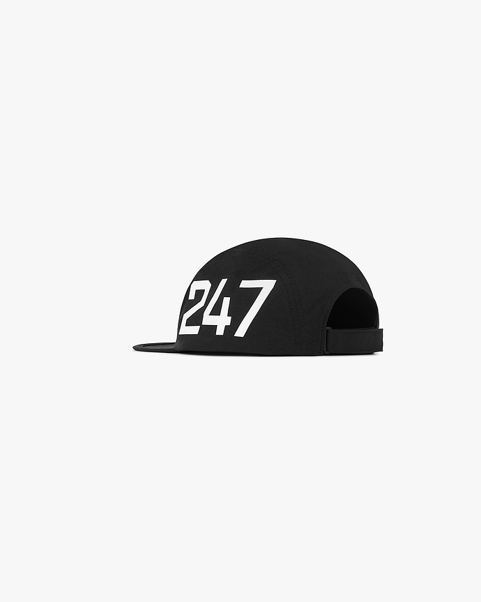 Detailed product image of a mens black cap on a plain white background | 247 Ripstop Cap in Black | Ripstop fabric 5-panel cap with adjustable fit | 247 Accessories | Represent Clo