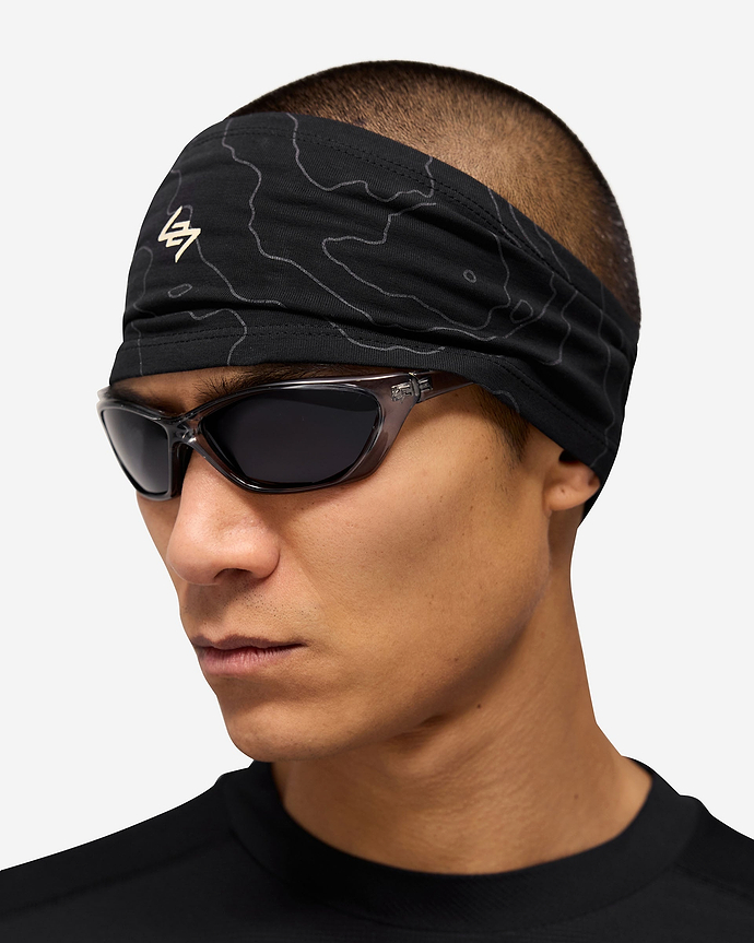 Front product image of a mens black headband on a plain white background | 247 Contour Headband in Black | Soft running headband with reflective design | 247 Accessories | Represent Clo