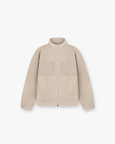 Front product image of a mens grey fleece jacket on a plain white background | 247 Polar Panelled Fleece in Pebble | Panelled fleece outerwear | 247 Outerwear | Represent Clo
