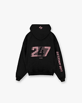 Front product image of a mens black hoodie on a plain white background | 247 Los Angeles Hoodie in Jet Black | Jersey hoodie with rose quartz detail | 247 Hoodies | Represent Clo