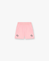 Front product image of womens pink shorts on a plain white background | 247 Los Angeles Shorts in Pink | Crinkle nylon shorts with adjustable drawstring waist | 247 Shorts | Represent Clo