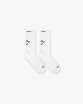Front product image of mens white socks on a plain white background | 247 Logo Socks in Flat White | Casual socks with logo detailing | 247 Accessories | Represent Clo