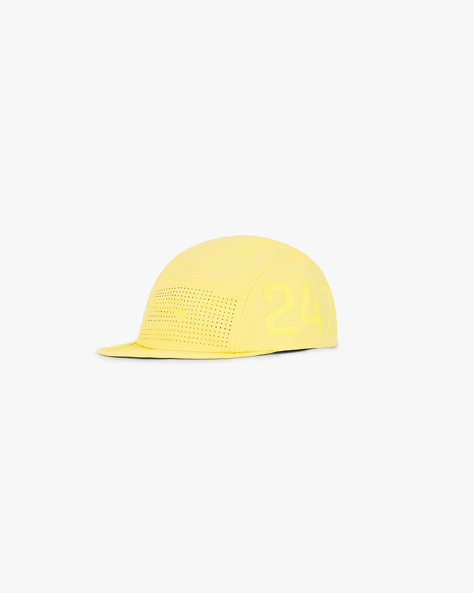 Yellow cap on a plain white background | 247 Ripstop Cap in Lemon | Ripstop fabric 5-panel cap with adjustable fit and logo | 247 Accessories | Represent Clo