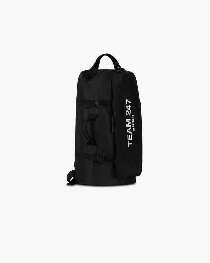 Product image of a mens black gym bag on a plain white background | Team 247 Gym Bag in Black | Versatile gym bag with movable straps | 247 Accessories | Represent Clo