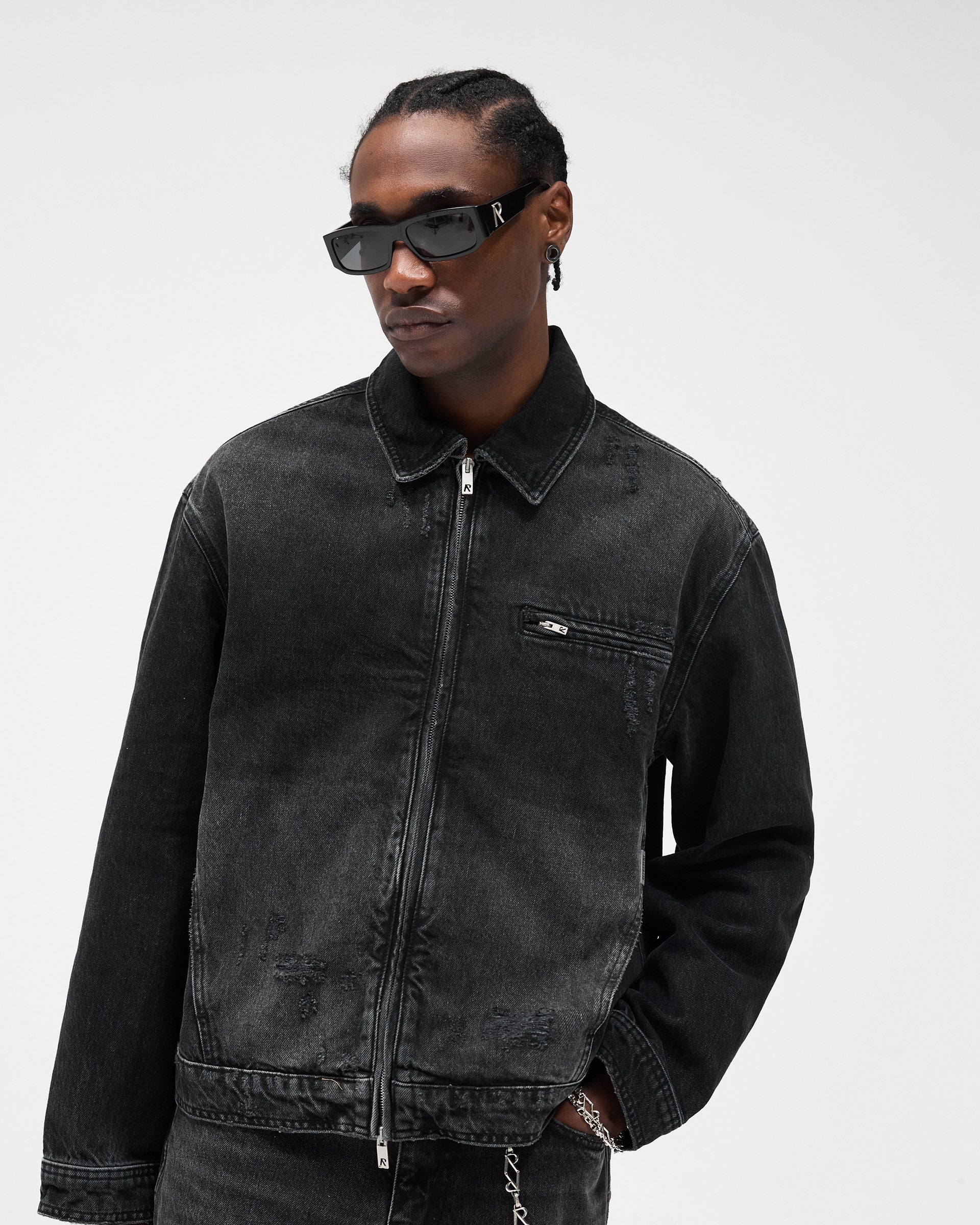 Collared Denim Jacket - Aged Black