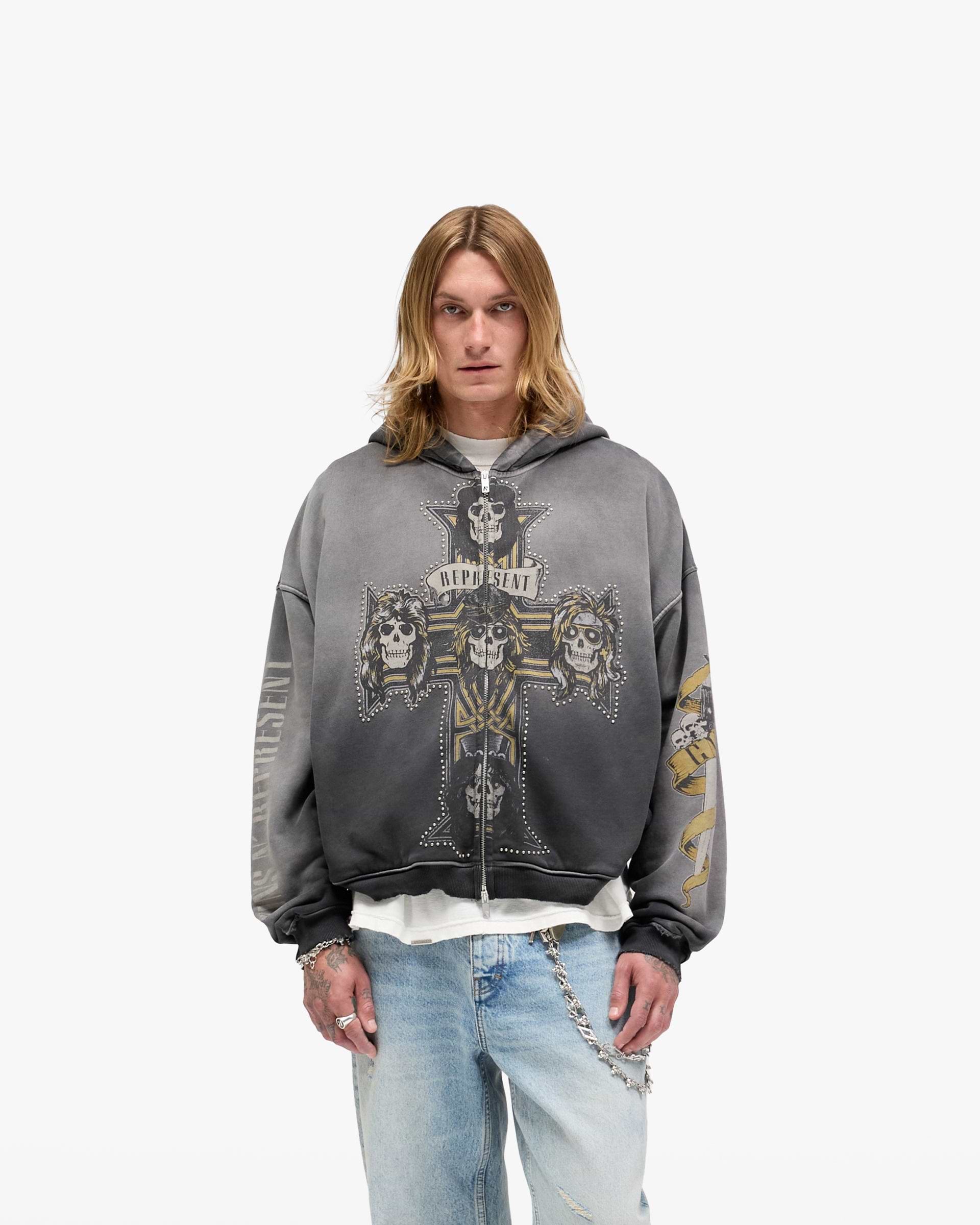 Represent X Guns N' Roses Cross Zip Through Hoodie - Stained Black