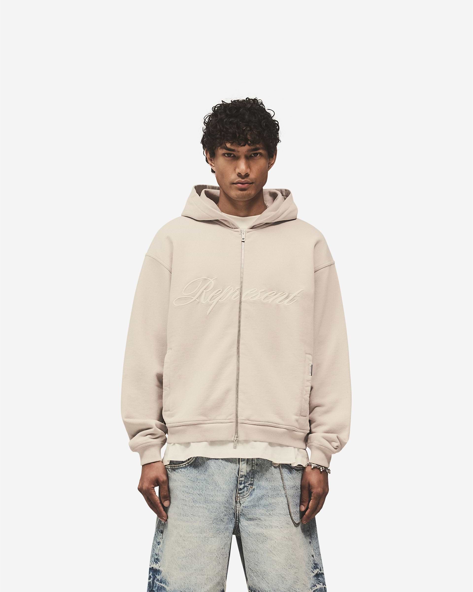 Concrete Script Logo Zip Hoodie | Mens Hoodies | REPRESENT