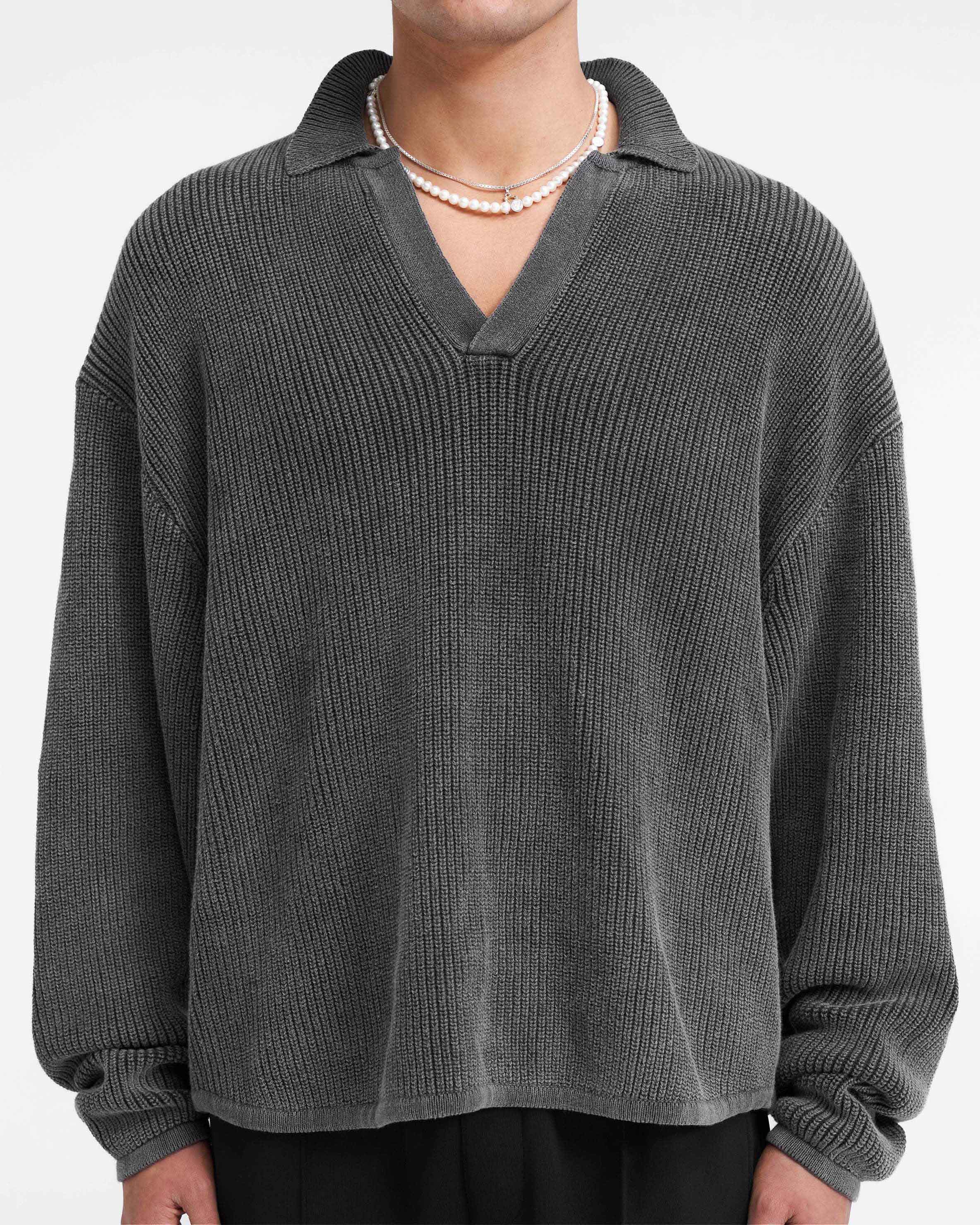 Ribbed Knit Oversized Polo - Washed Black