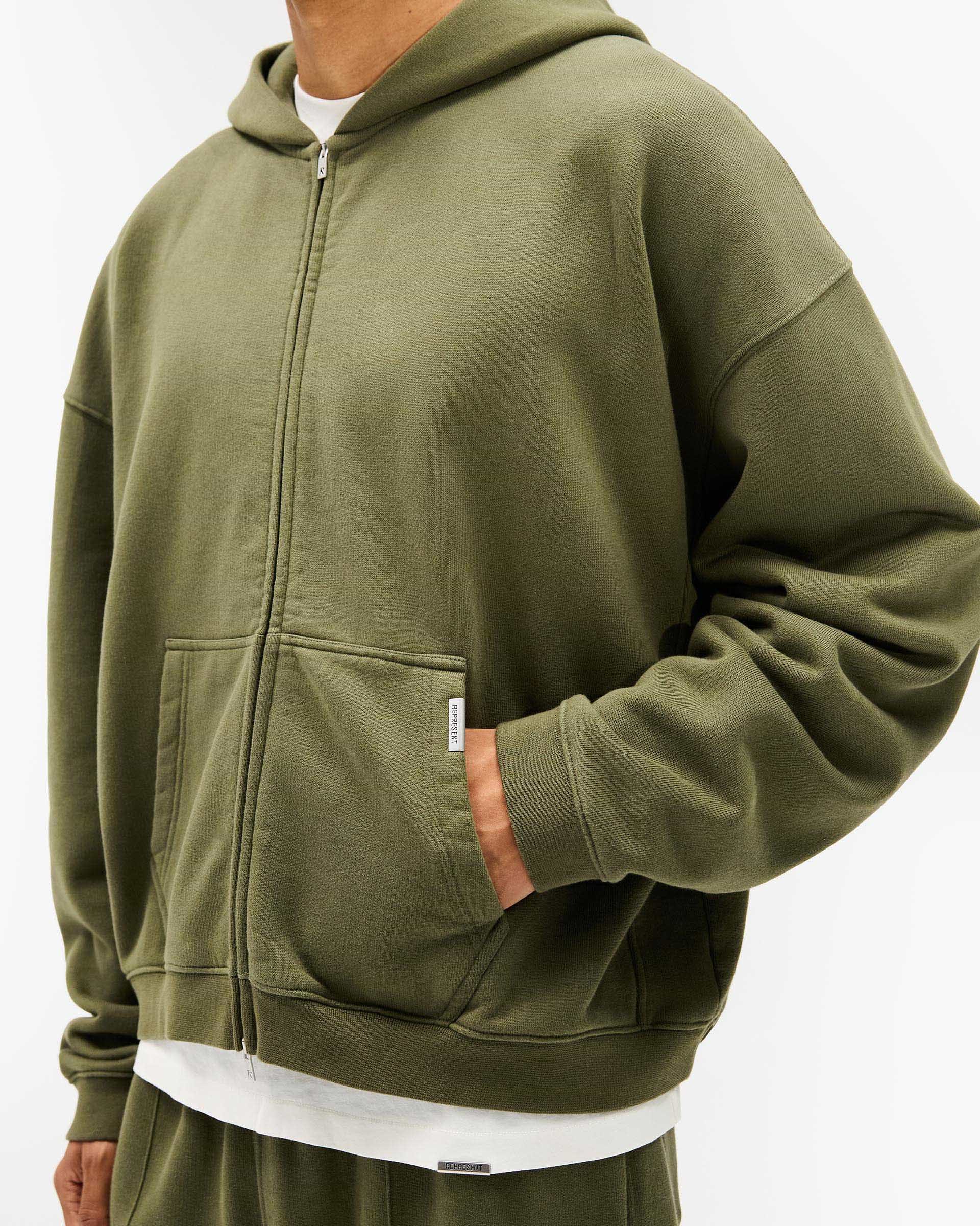Initial Boxy Zip Through Hoodie - Army Green