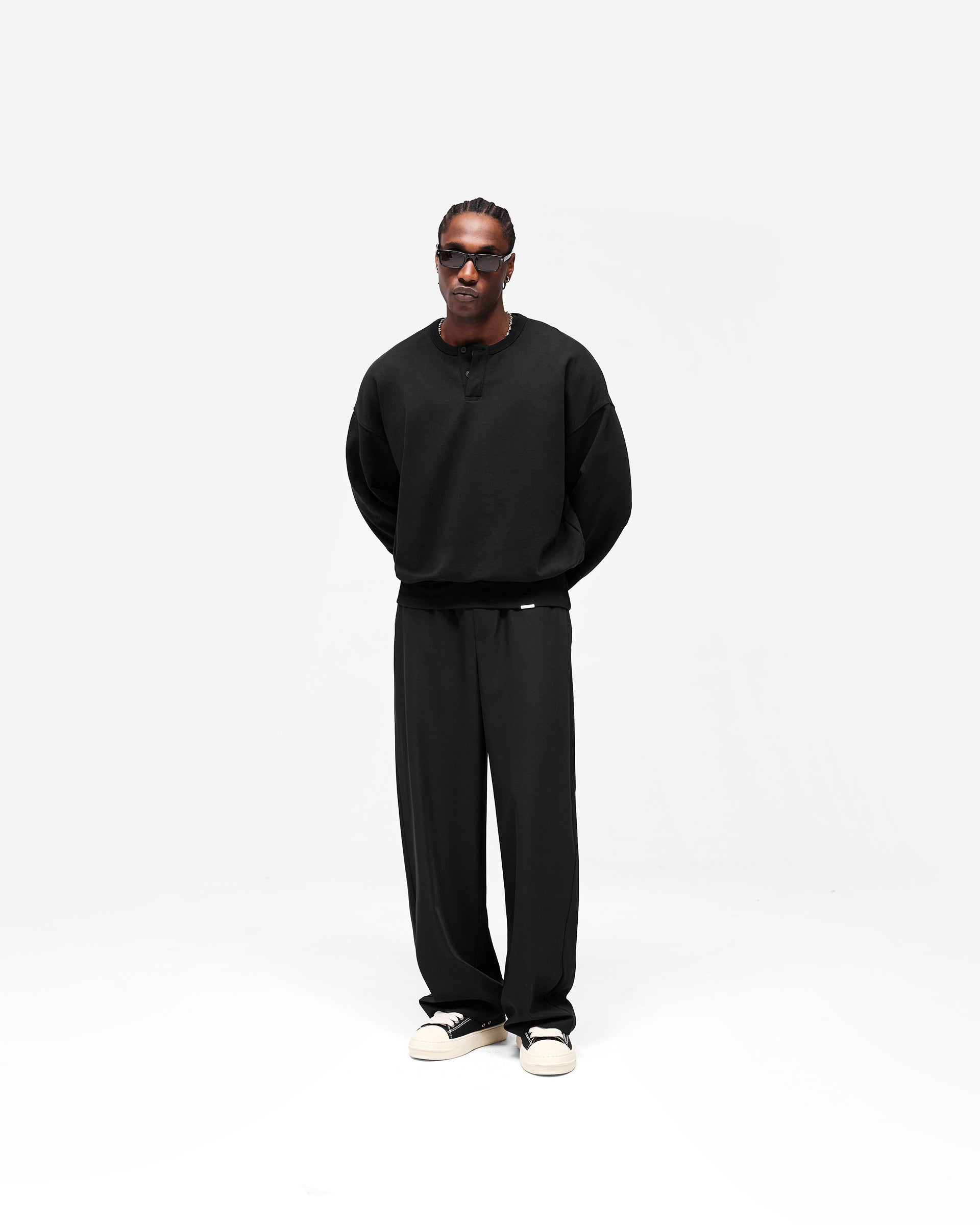 Initial Grandad Collar Sweatshirt Jet Black | Mens Sweaters