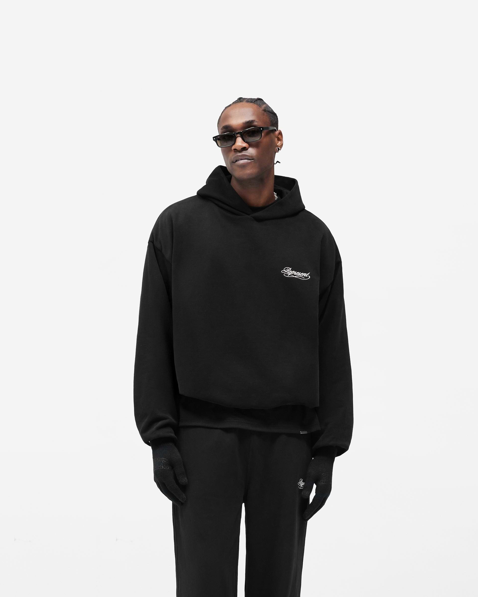 Black Dual Layer Script Hoodie | Mens Hoodies | REPRESENT