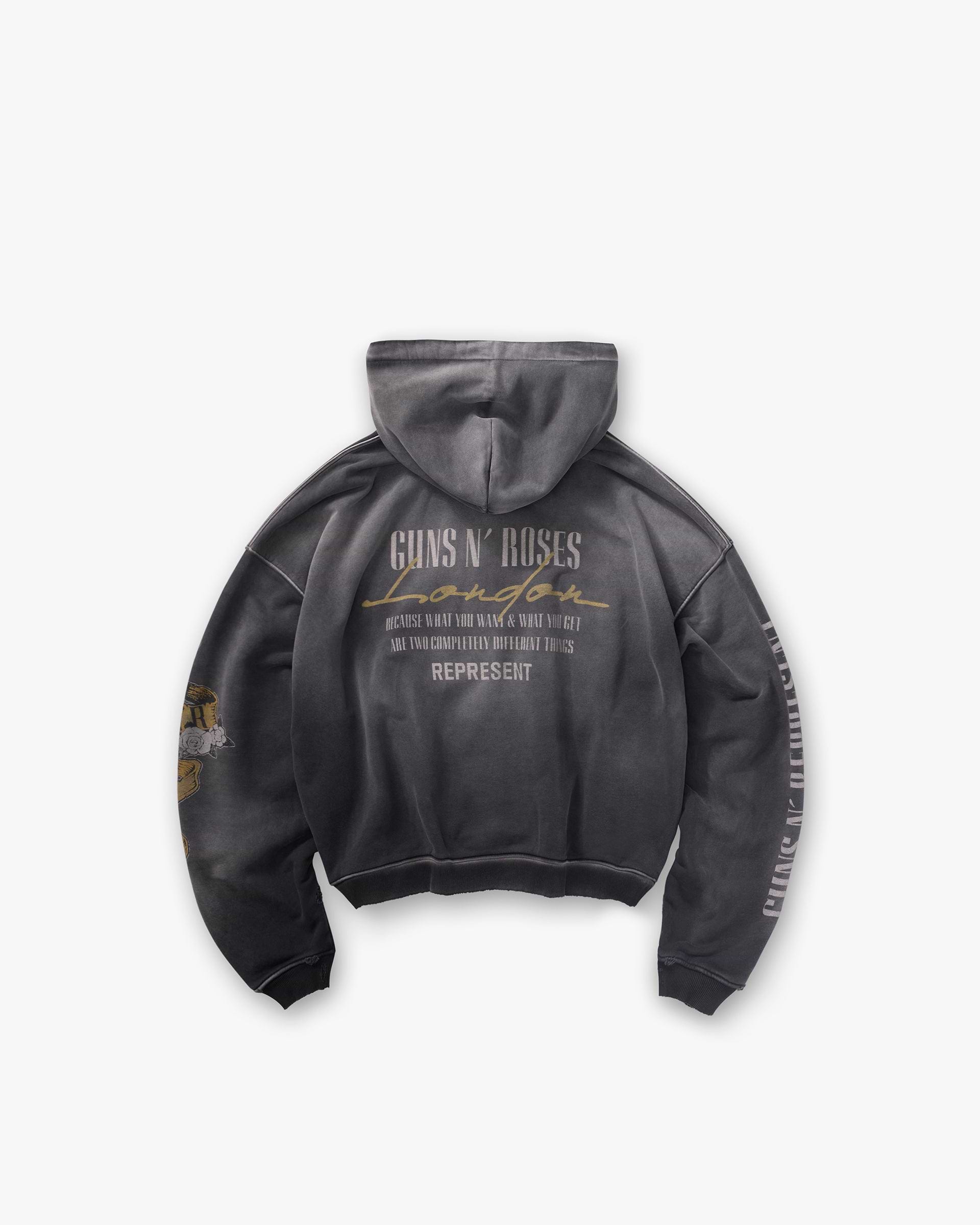 Represent X Guns N' Roses Cross Zip Through Hoodie - Stained Black