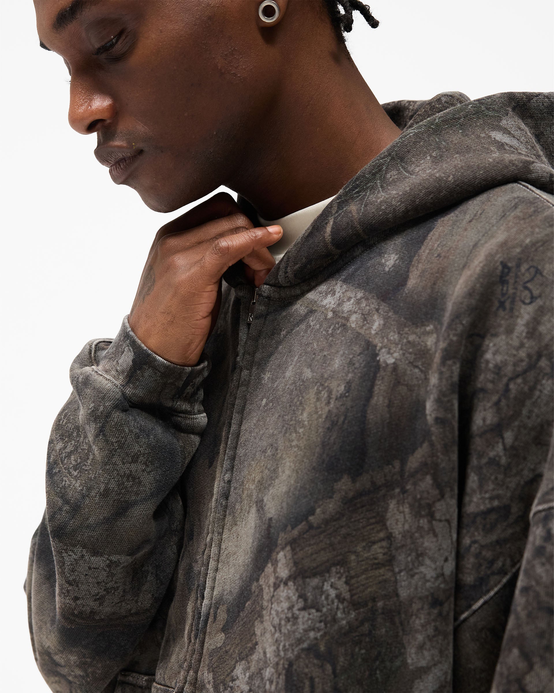 Initial Overdye Realtree® Boxy Zip Through Hoodie - Overdyed Black