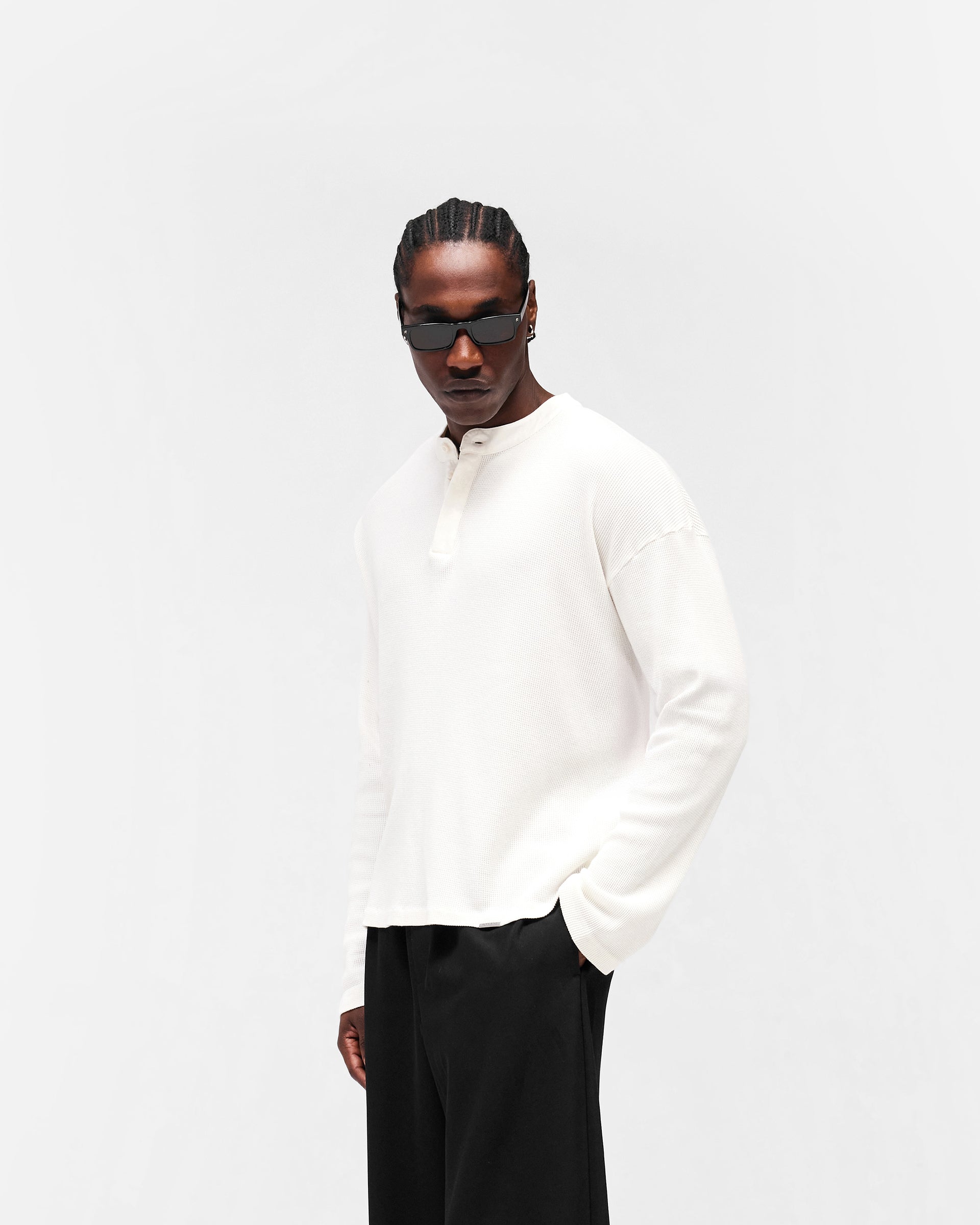 Initial Henley Waffle Long Sleeve T-Shirt - Flat White