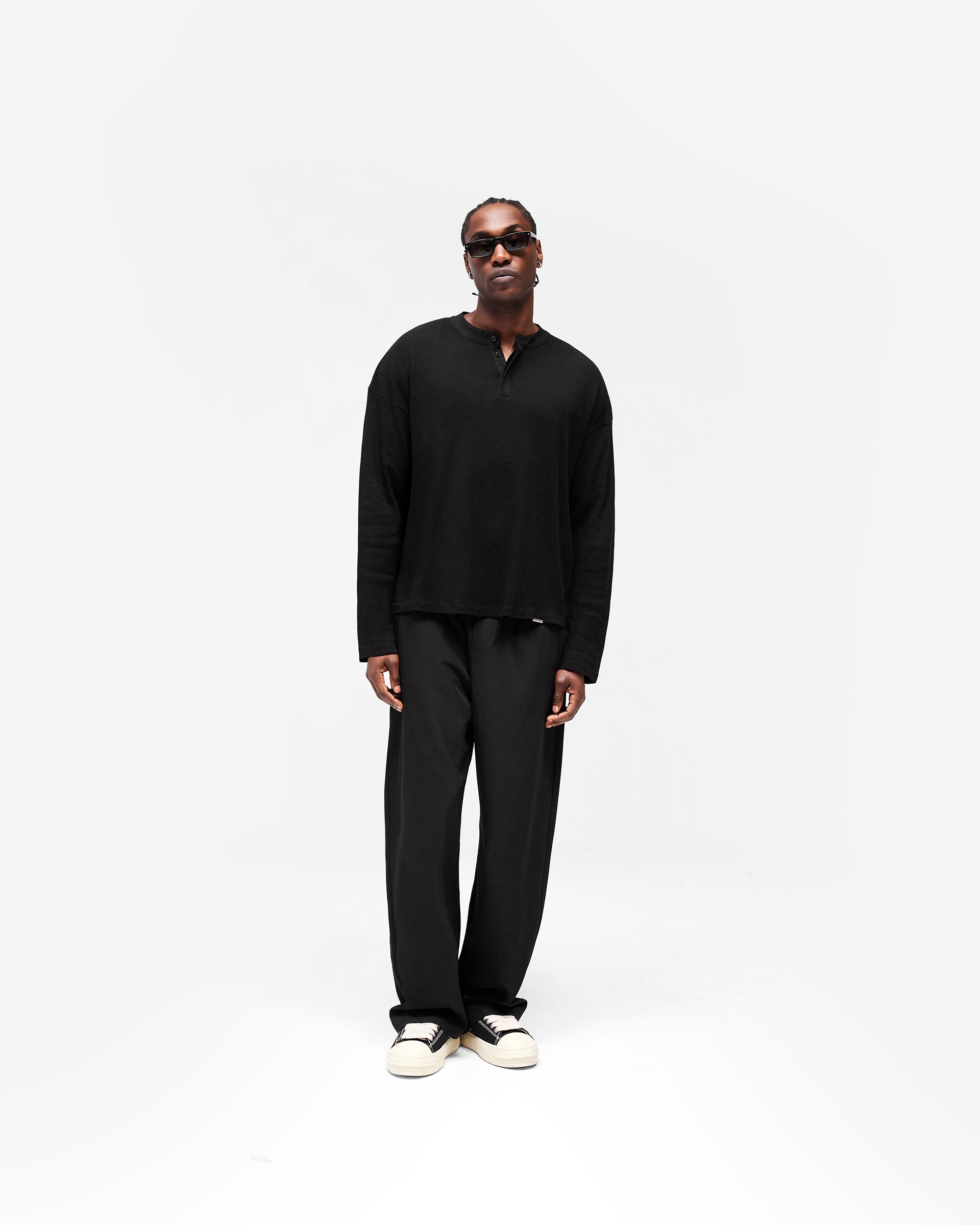 Initial Henley Waffle Long Sleeve T-Shirt - Jet Black