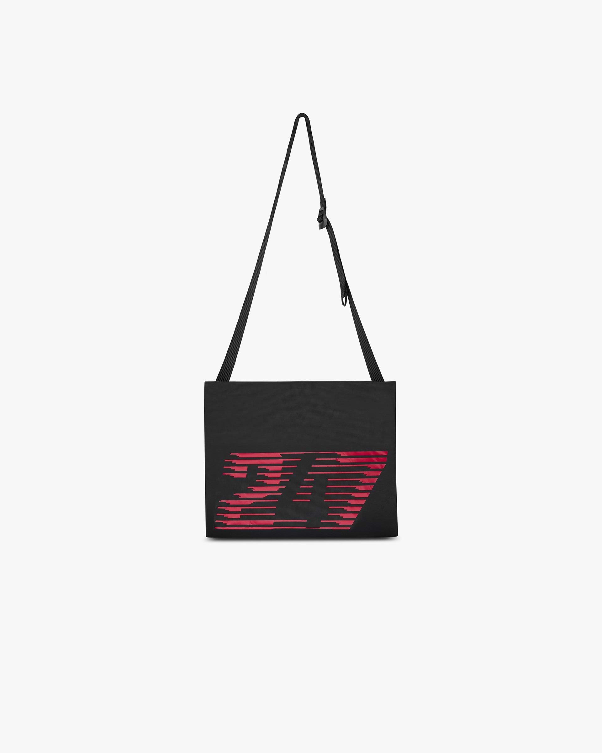 black leather backpack with pink white and burgundy stripes 247 New York Bag