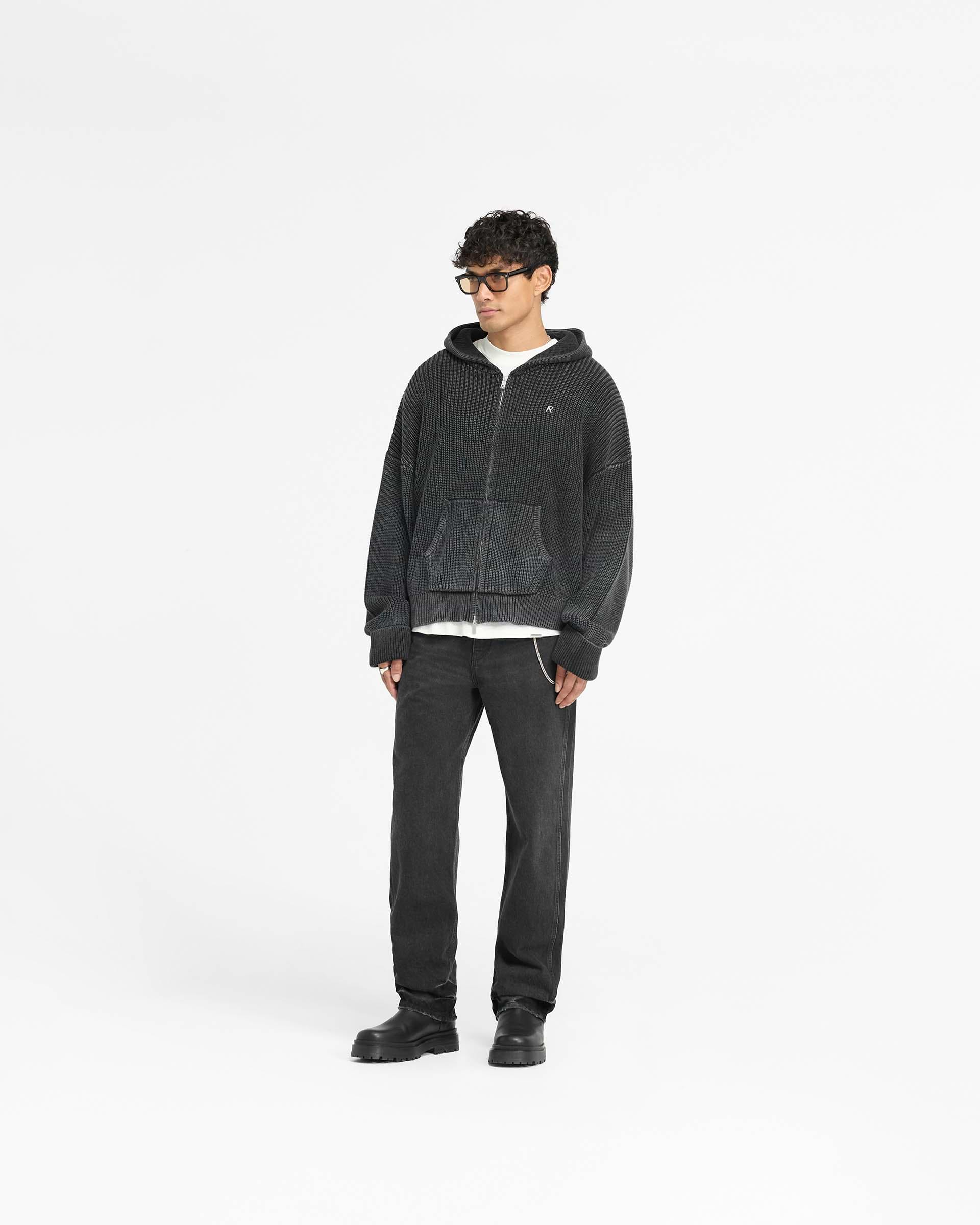 Ribbed Zip Through Hoodie - Jet Black