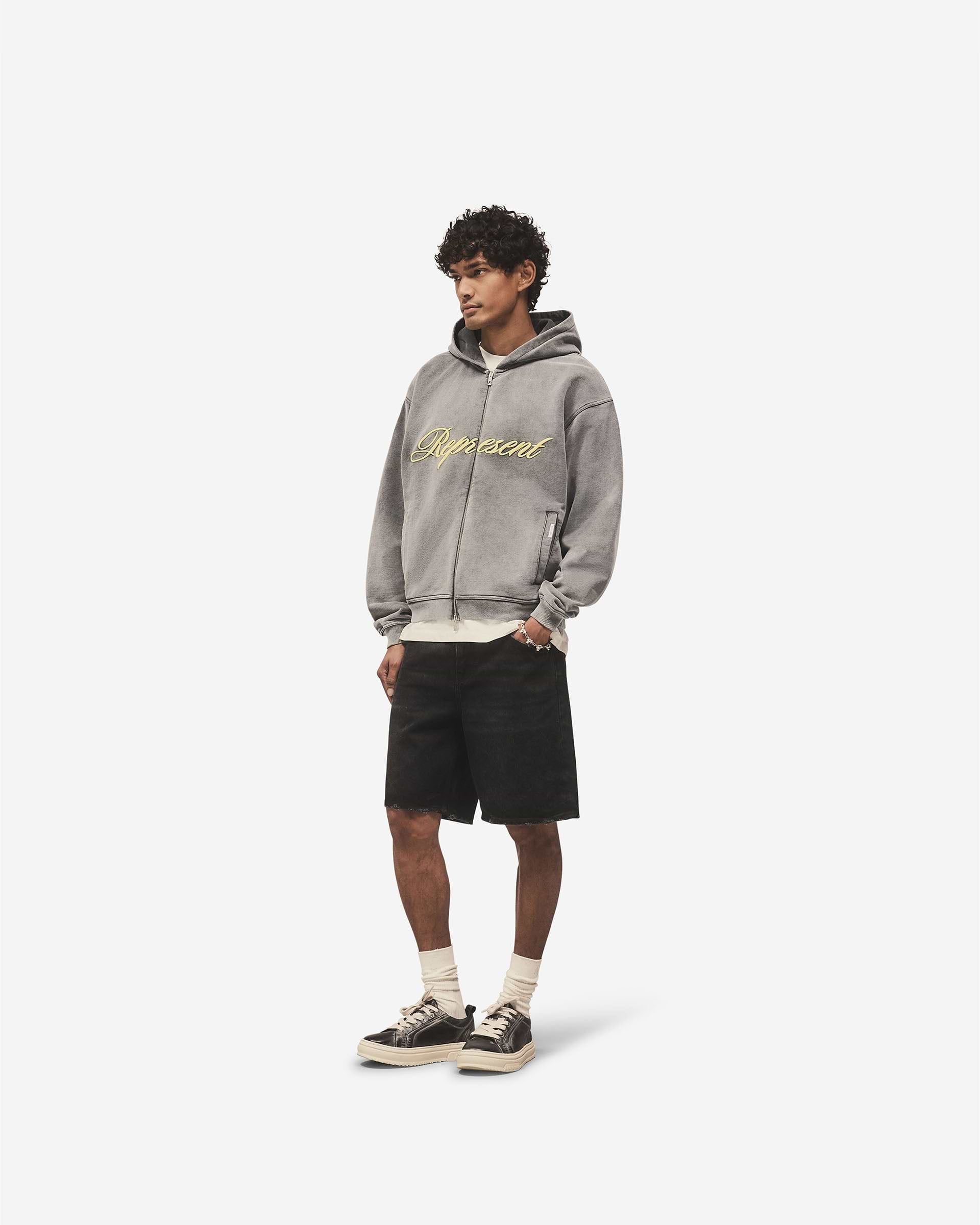 【1993studio】24SS★ Symbol Logo Track Shirring Zip-Up Script Logo Zip Hoodie - Vintage Grey | REPRESENT