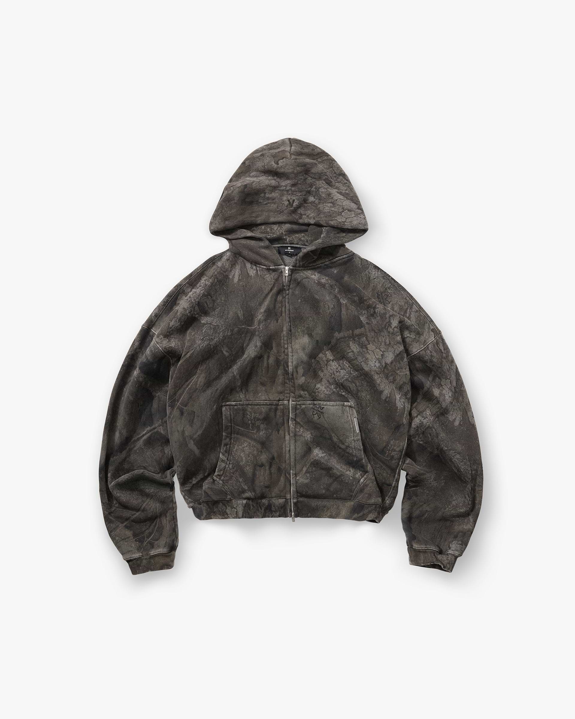 Overdyed Black Boxy Zip Up Hoodie | Realtree® | REPRESENT