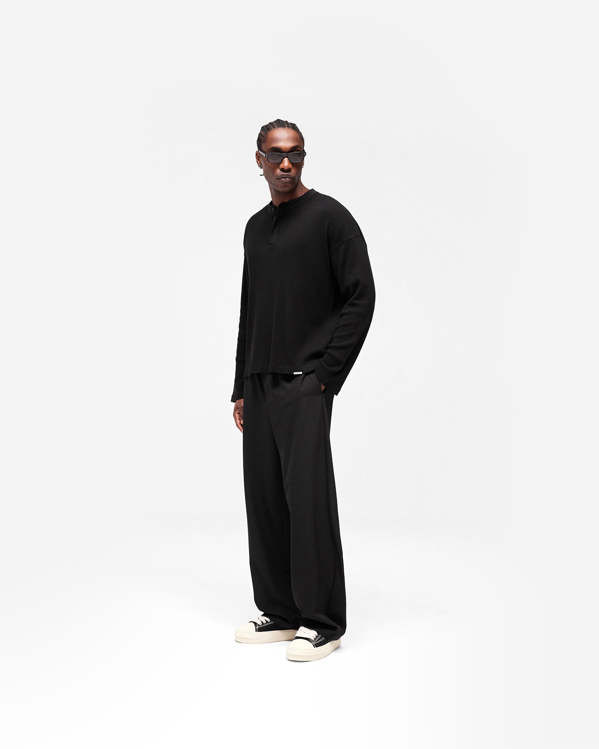 Initial Henley Waffle Long Sleeve T-Shirt - Jet Black