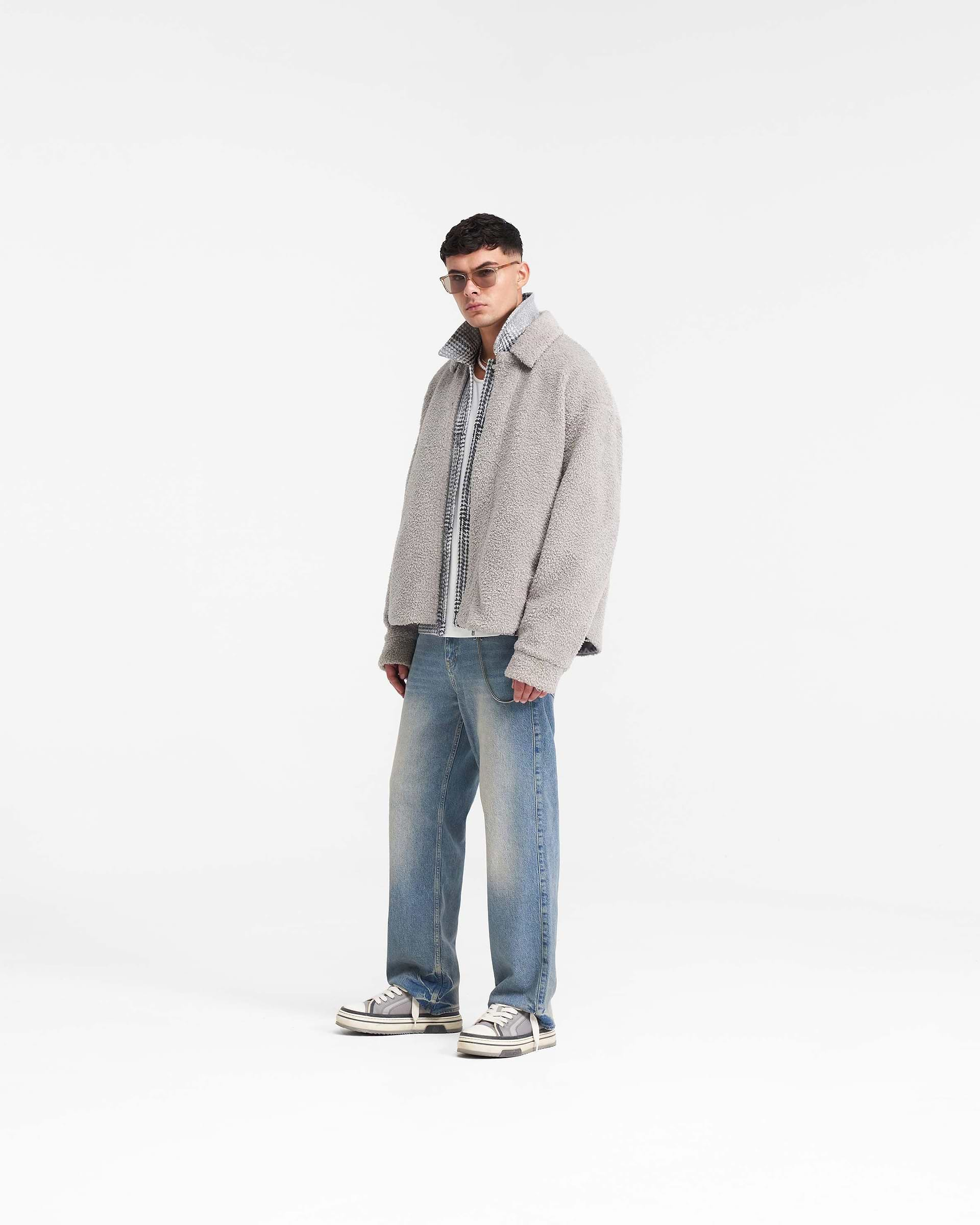 Shearling Scoop Hem Shirt - Ice Grey