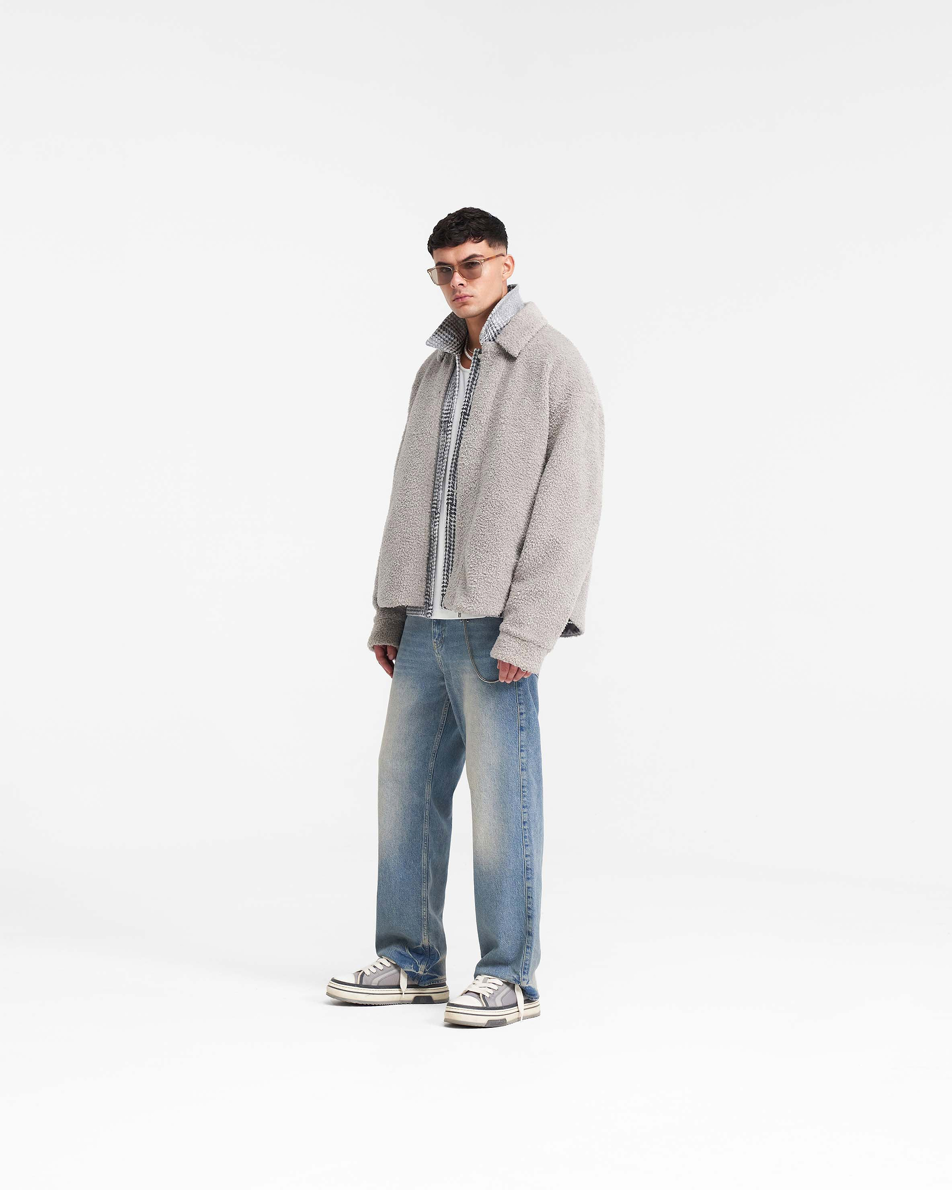 Shearling Scoop Hem Shirt - Ice Grey