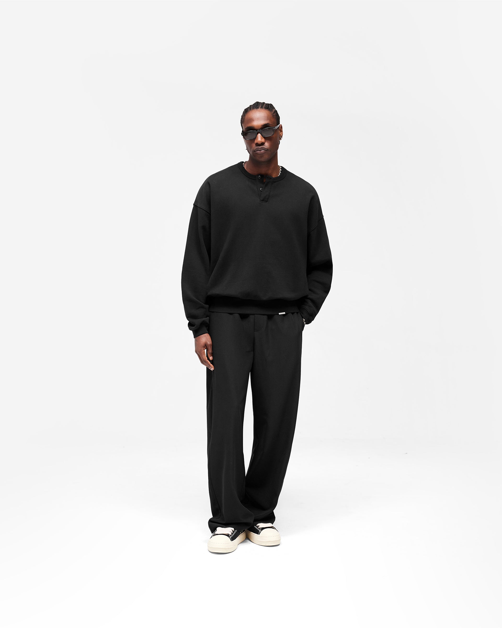 Initial Grandad Collar Sweatshirt Jet Black | Mens Sweaters