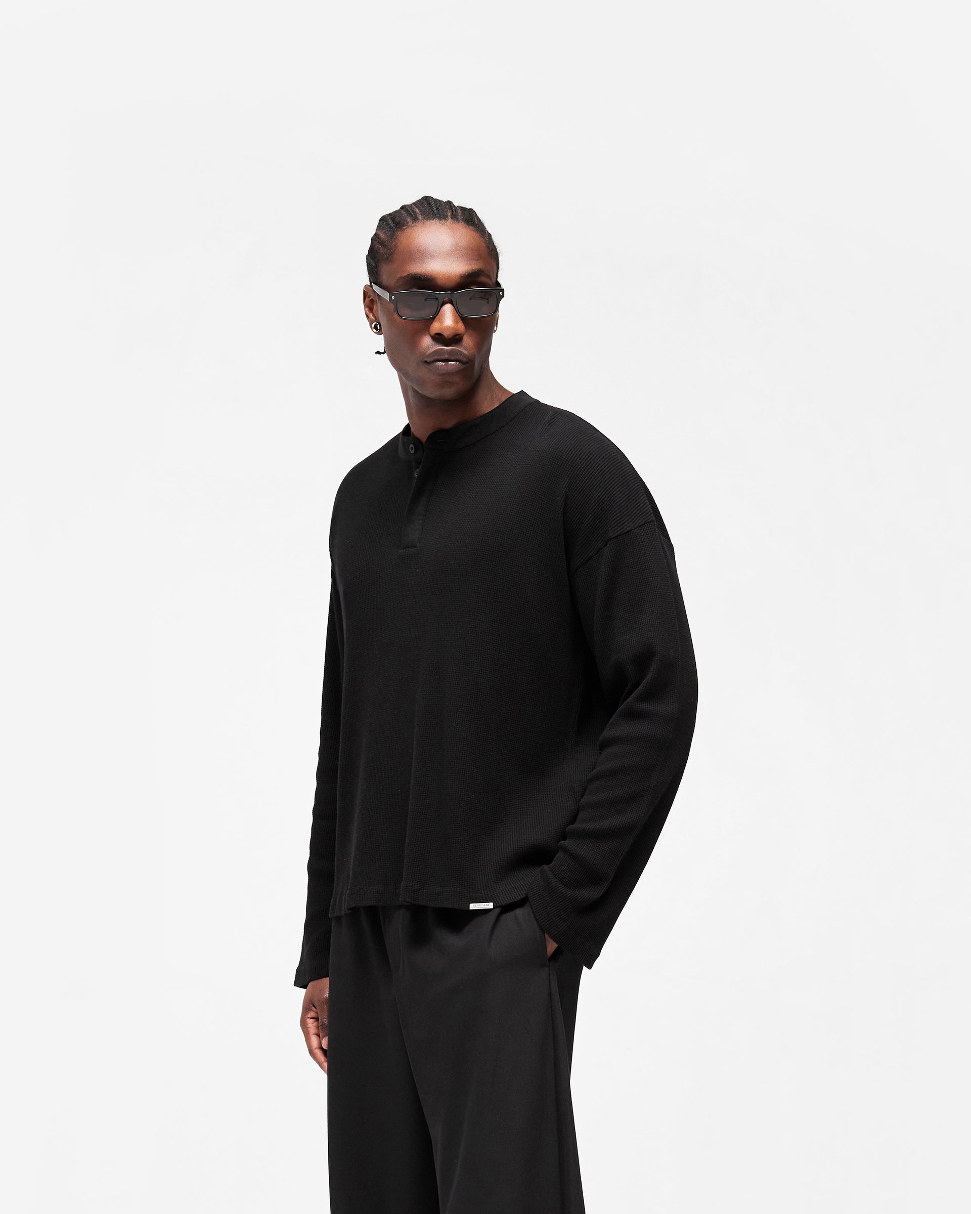 Initial Henley Waffle Long Sleeve T-Shirt - Jet Black