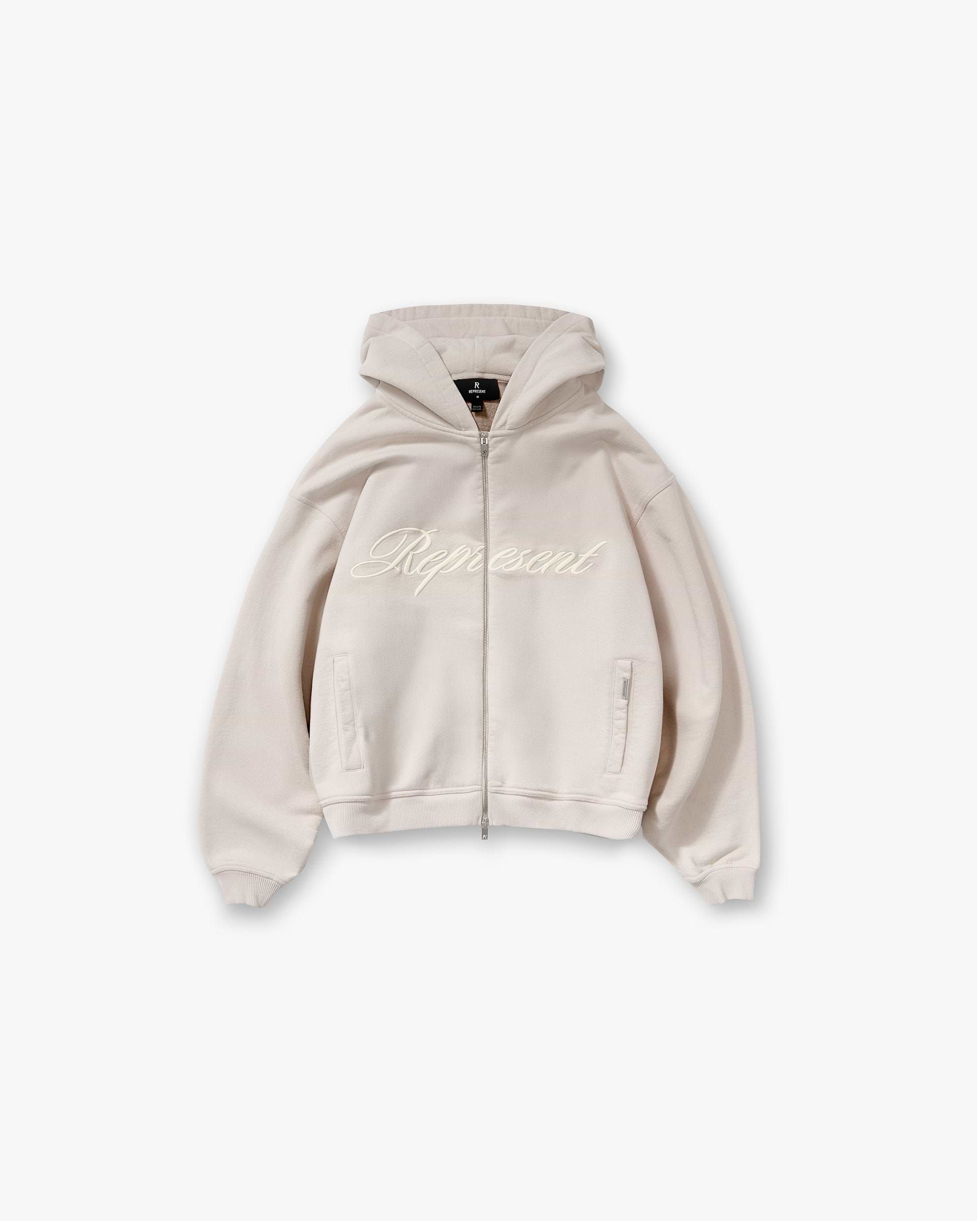 Concrete Script Logo Zip Hoodie | Mens Hoodies | REPRESENT