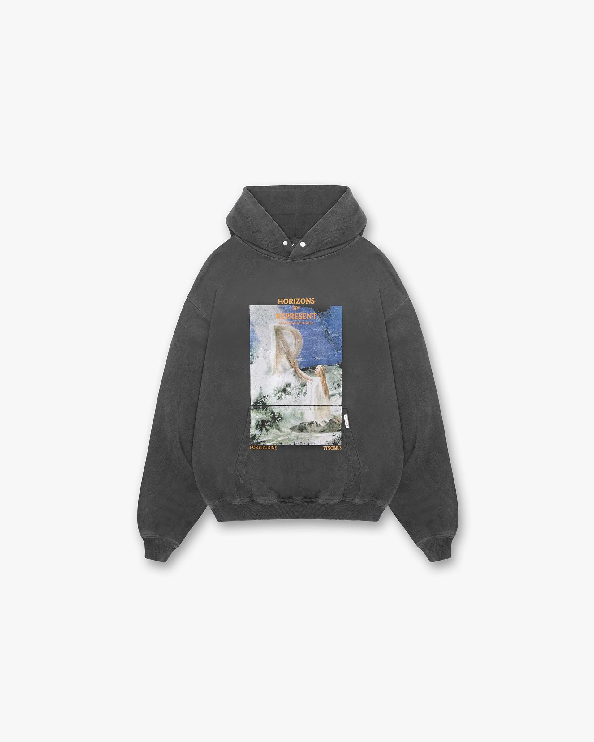 Front product image of a mens black hoodie on a plain white background | Higher Truth Hoodie in Aged Black | Cotton hoodie with light camo print | SS24 Hoodies | Represent Clo