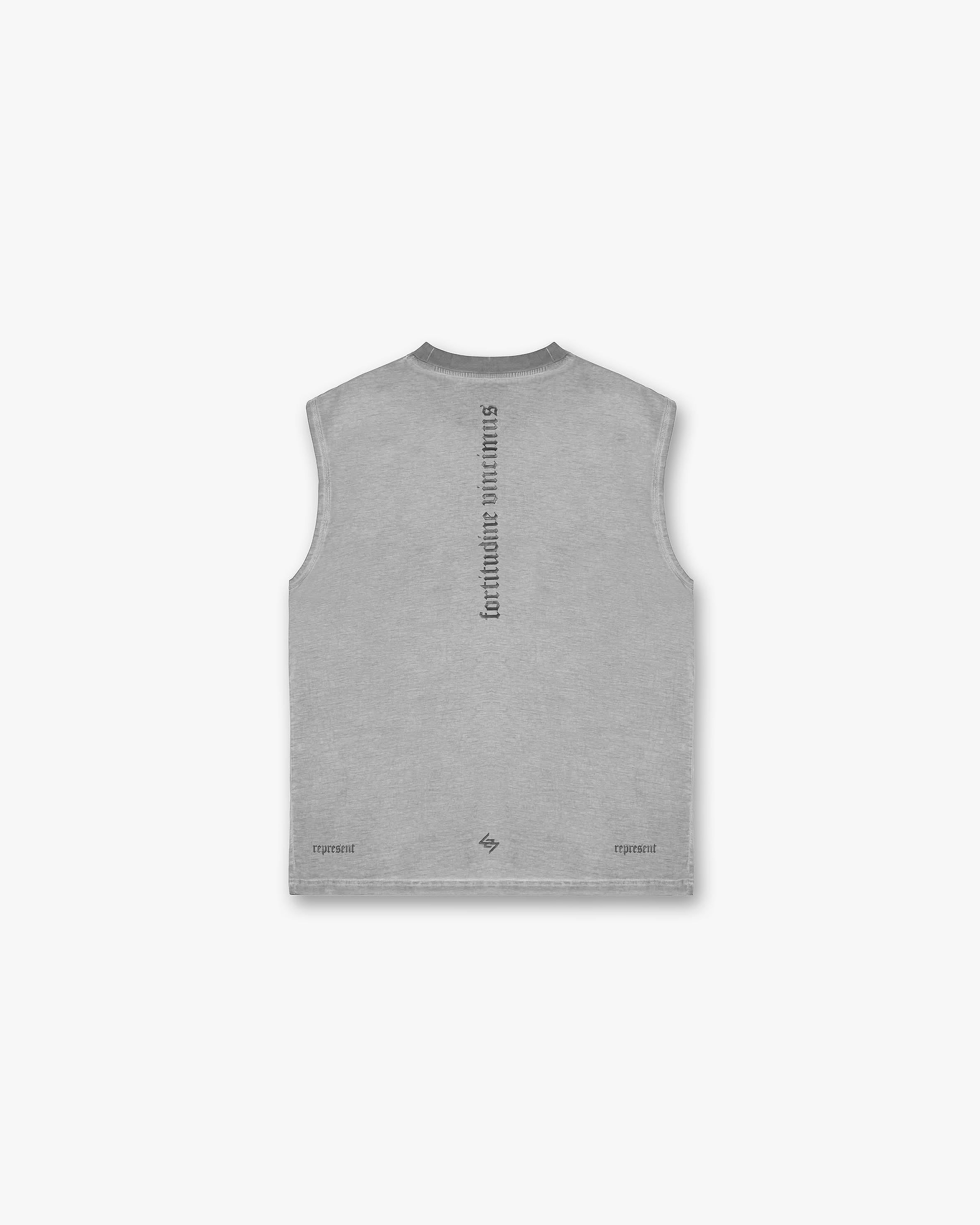 Back product image of a mens grey tank top on a plain white background | Vintage 247 Oversized Tank in Smoke | Oversized tank with Old English Typography | 247 T-Shirts | Represent Clo
