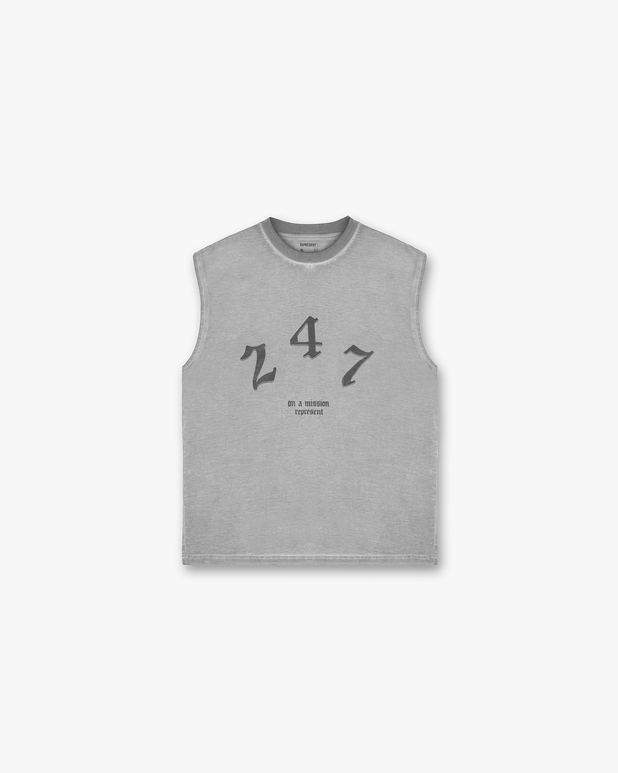 Front product image of a mens grey oversized tank on a plain white background | Vintage 247 Oversized Tank in Smoke | Sleeveless relaxed fit t-shirt | 247 T-Shirts | Represent Clo