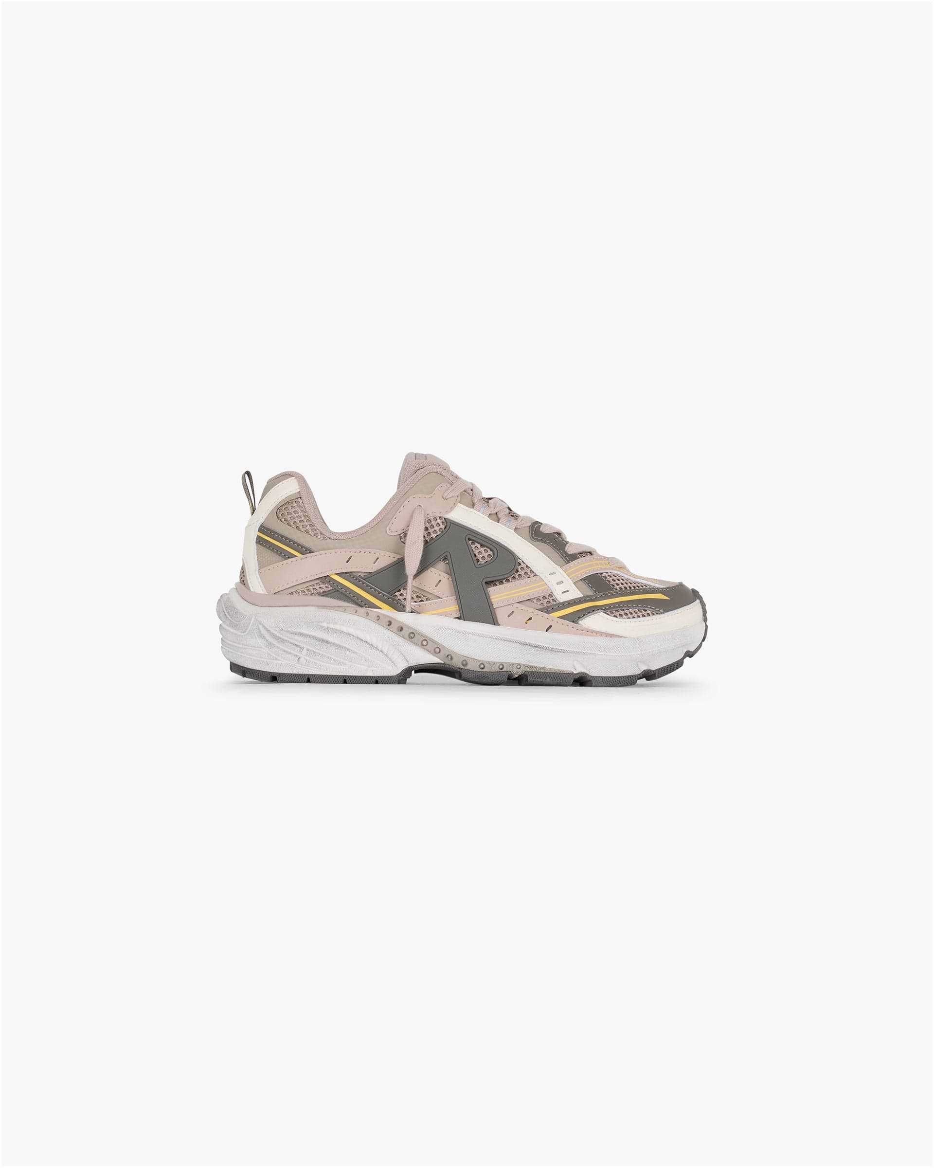 Front product image of mens taupe and yellow sneakers on a plain white background | Storm Runner in Taupe Yellow | Sneakers with abstract detailing | SS25 Footwear | Represent Clo