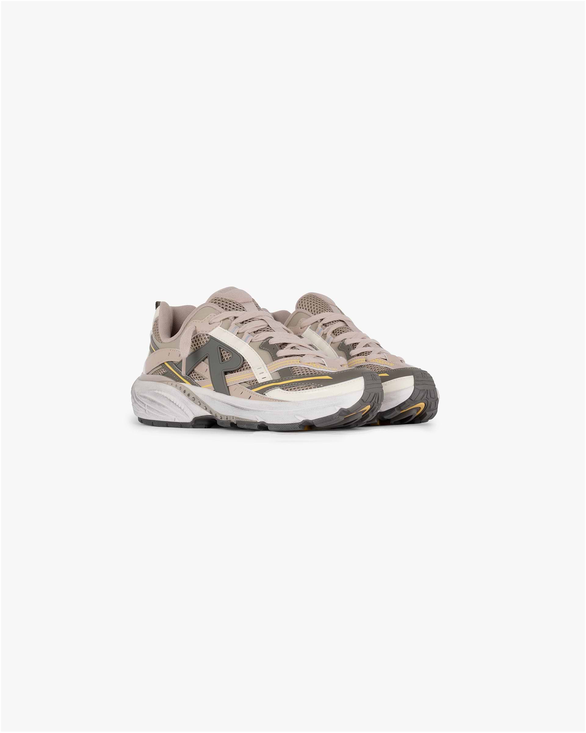 Back product image of mens taupe and yellow sneakers on a plain white background | Storm Runner in Taupe Yellow | Sneakers with taupe leather overlays and yellow branded pull tab | SS25 Footwear | Represent Clo