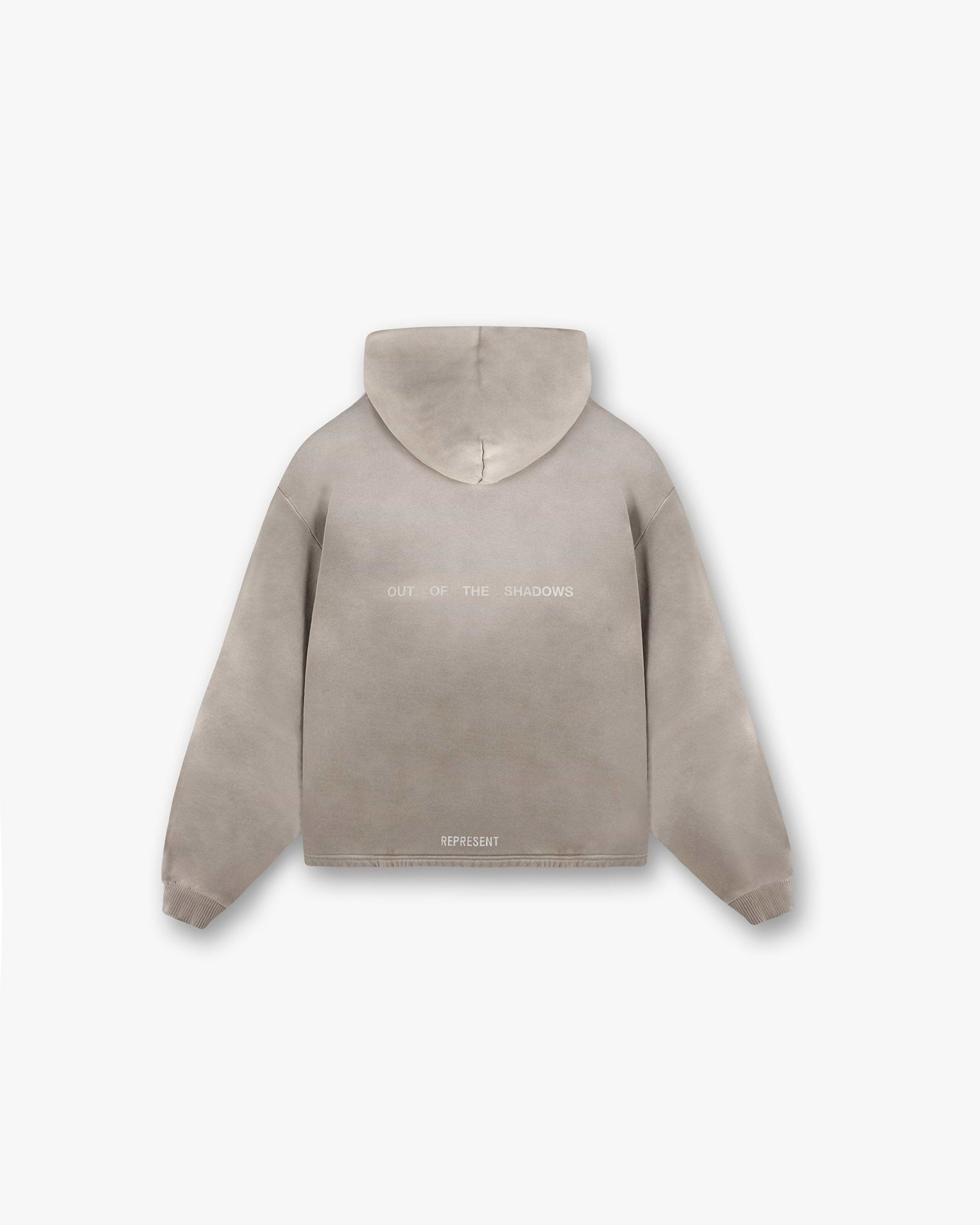 Back product image of a mens dark taupe hoodie on a plain white background | Team Rep Hoodie in Dark Taupe | Oversized hoodie with side split hem | SS25 Hoodies | Represent Clo